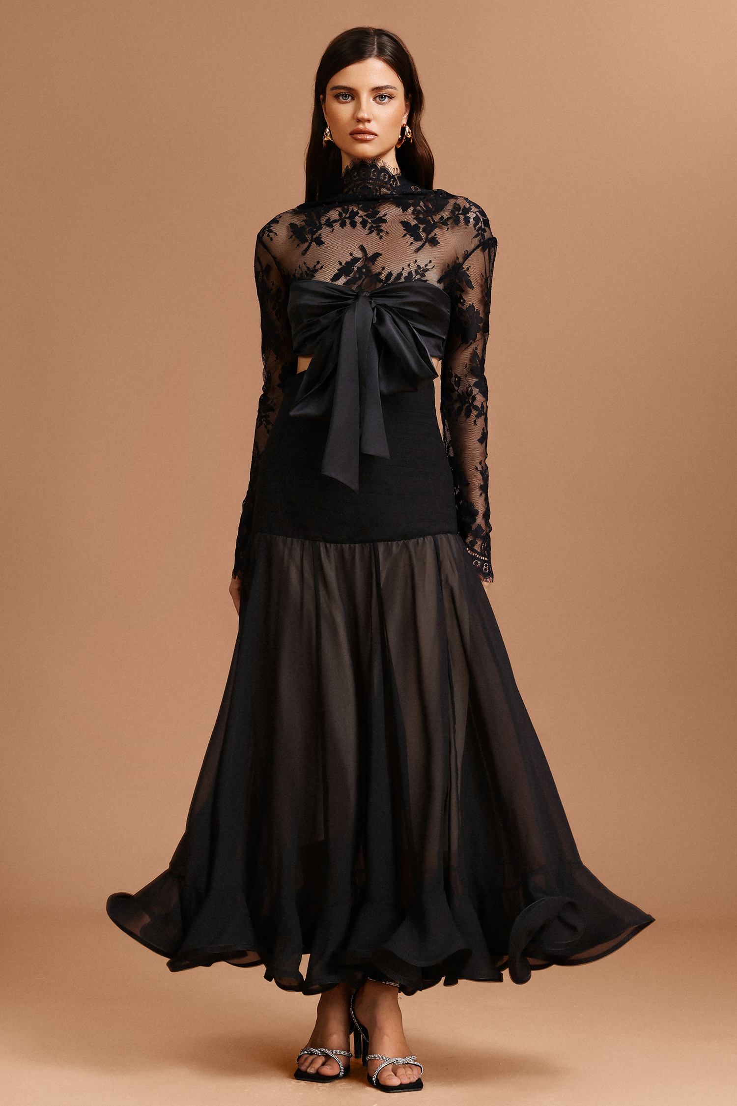 Sharlot Long Sleeves Folds Lace Bowknot Maxi Dress