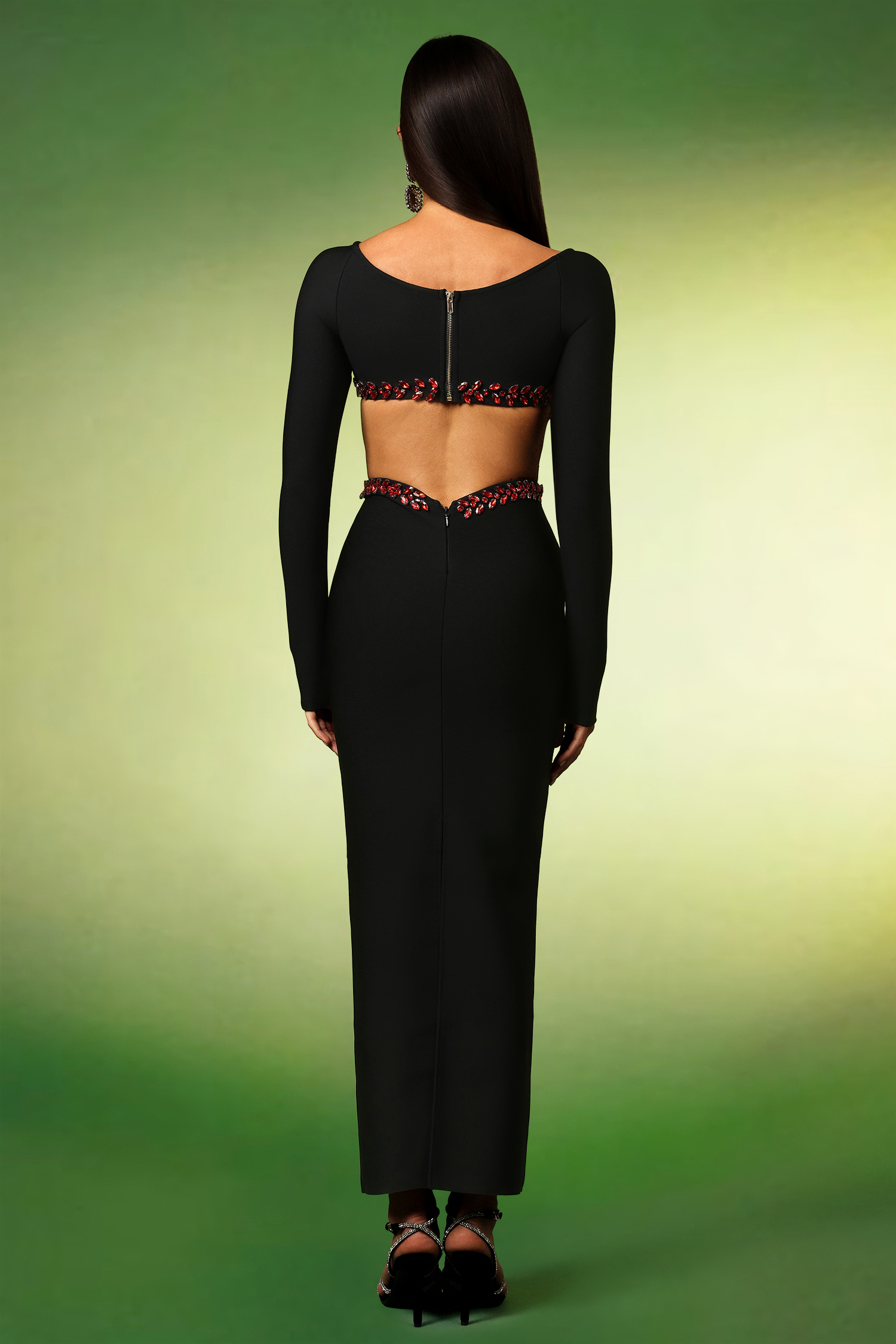 Irare Long Sleeves Off The Shoulder Diamond Hollow Out Bandage Maxi Dress