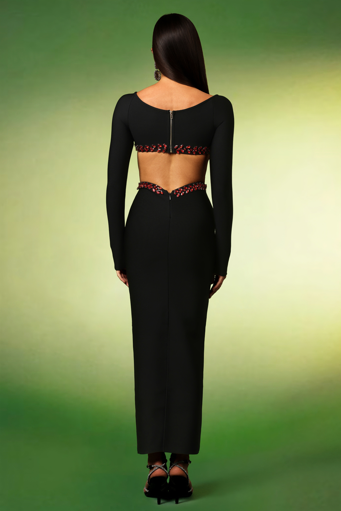 Irare Long Sleeves Off The Shoulder Diamond Hollow Out Bandage Maxi Dress