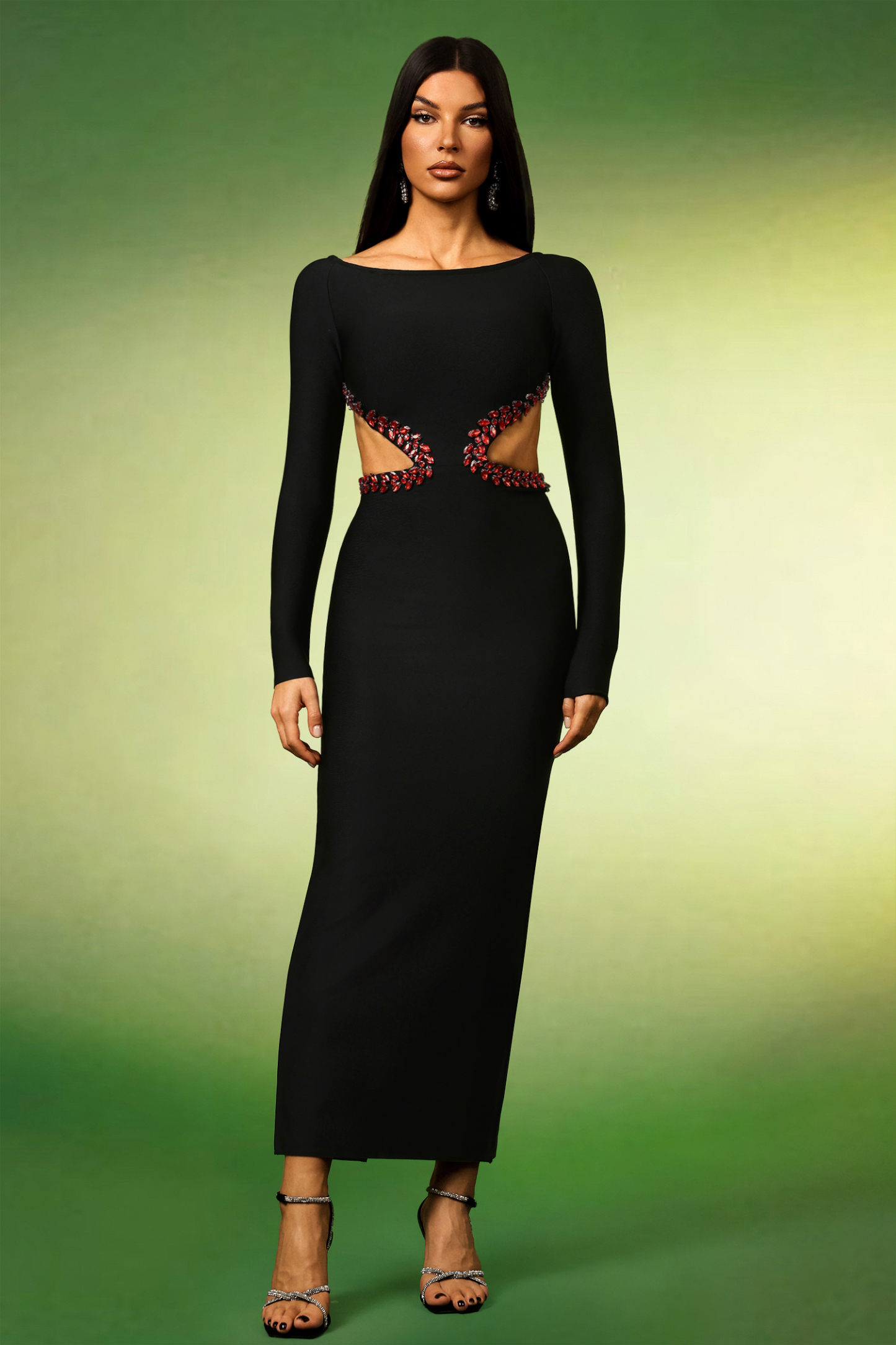 Irare Long Sleeves Off The Shoulder Diamond Hollow Out Bandage Maxi Dress