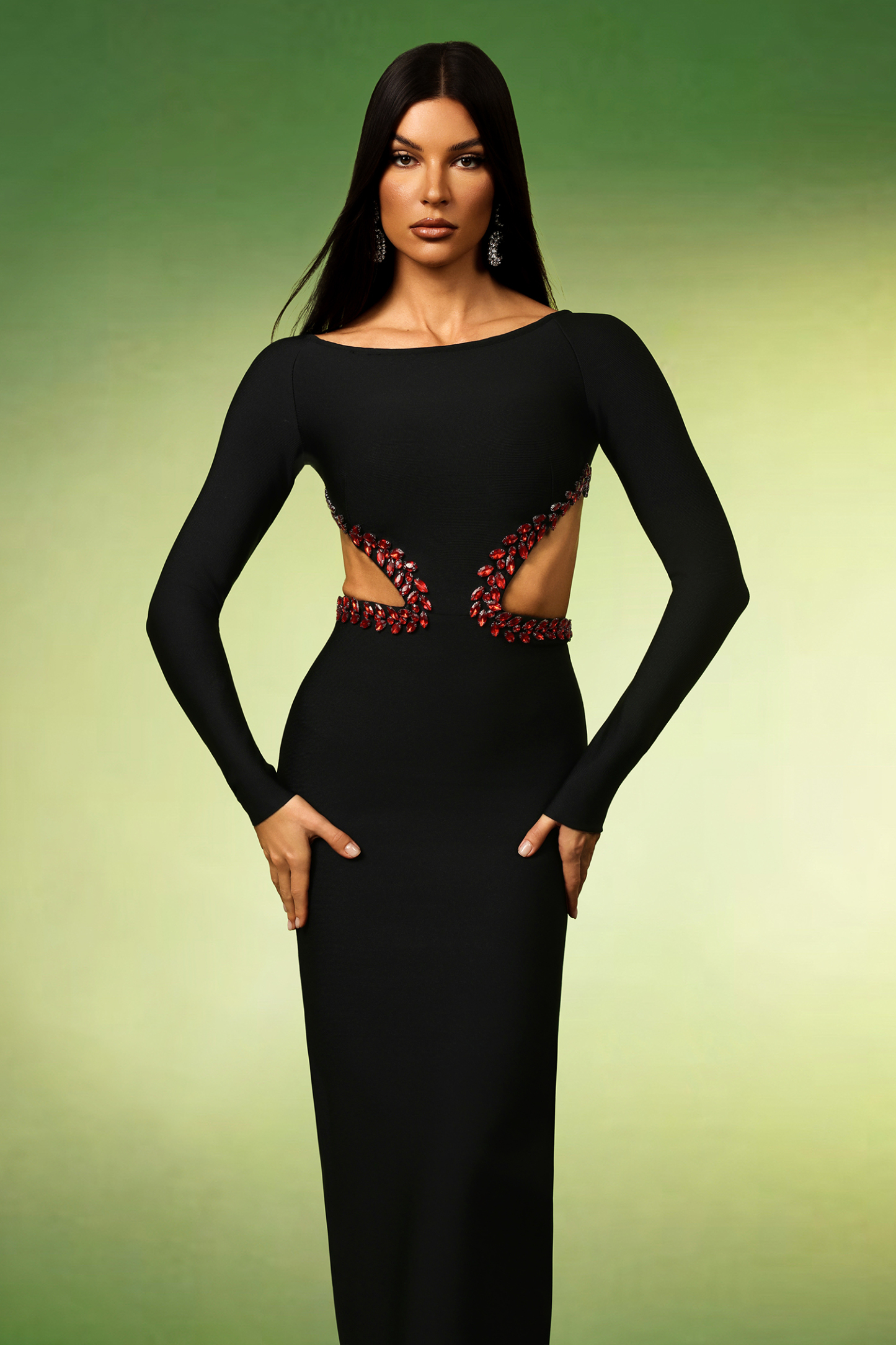 Irare Long Sleeves Off The Shoulder Diamond Hollow Out Bandage Maxi Dress