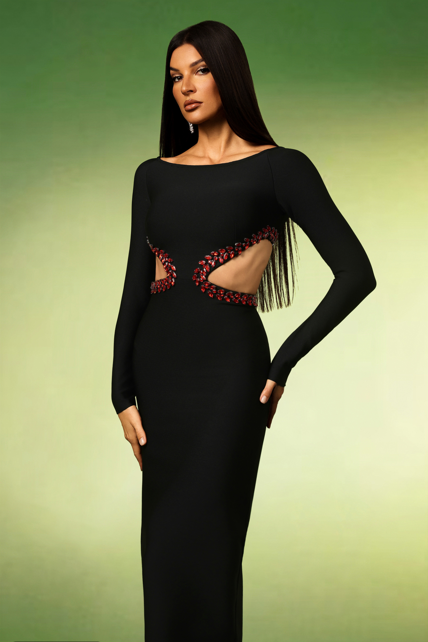 Irare Long Sleeves Off The Shoulder Diamond Hollow Out Bandage Maxi Dress