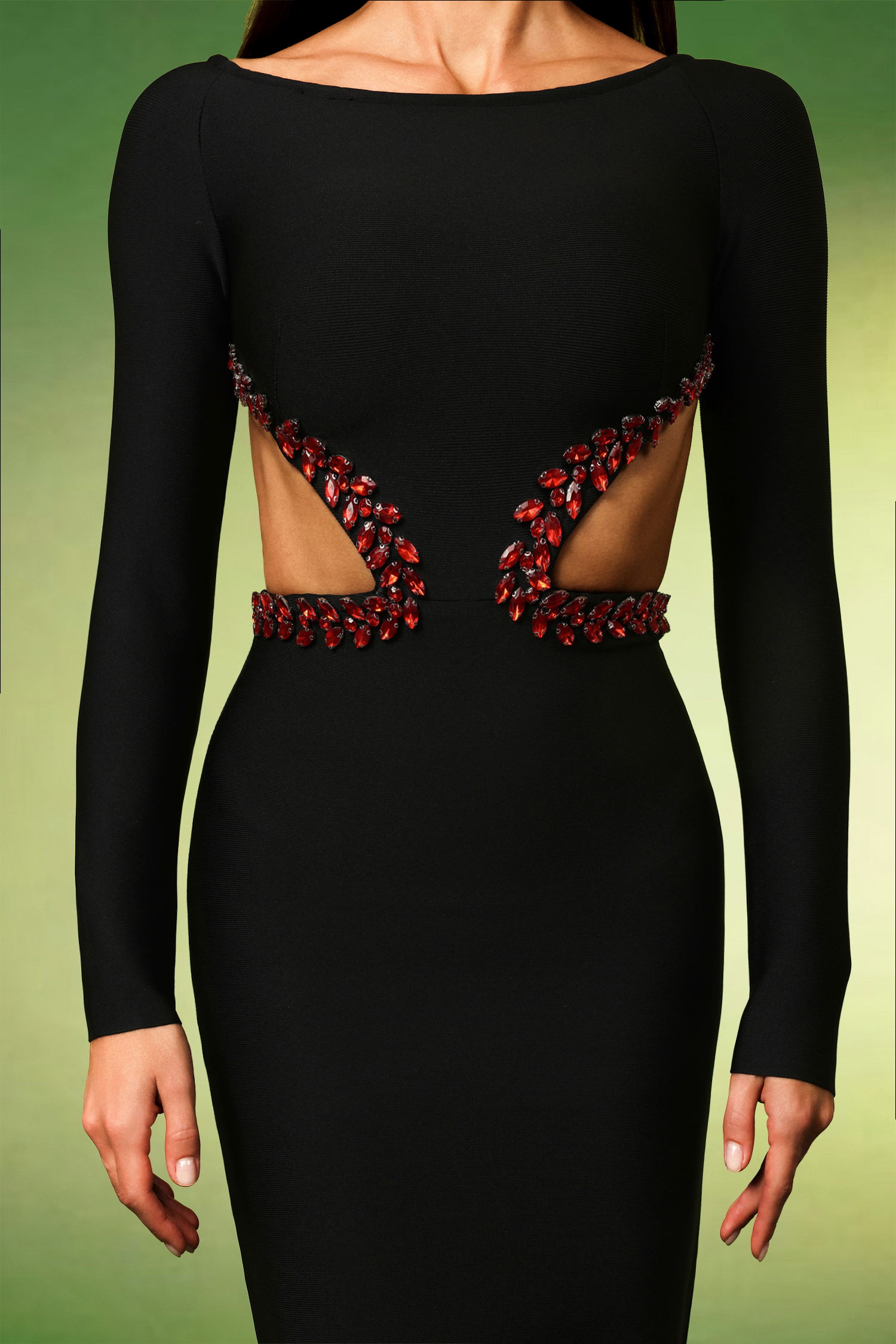 Irare Long Sleeves Off The Shoulder Diamond Hollow Out Bandage Maxi Dress