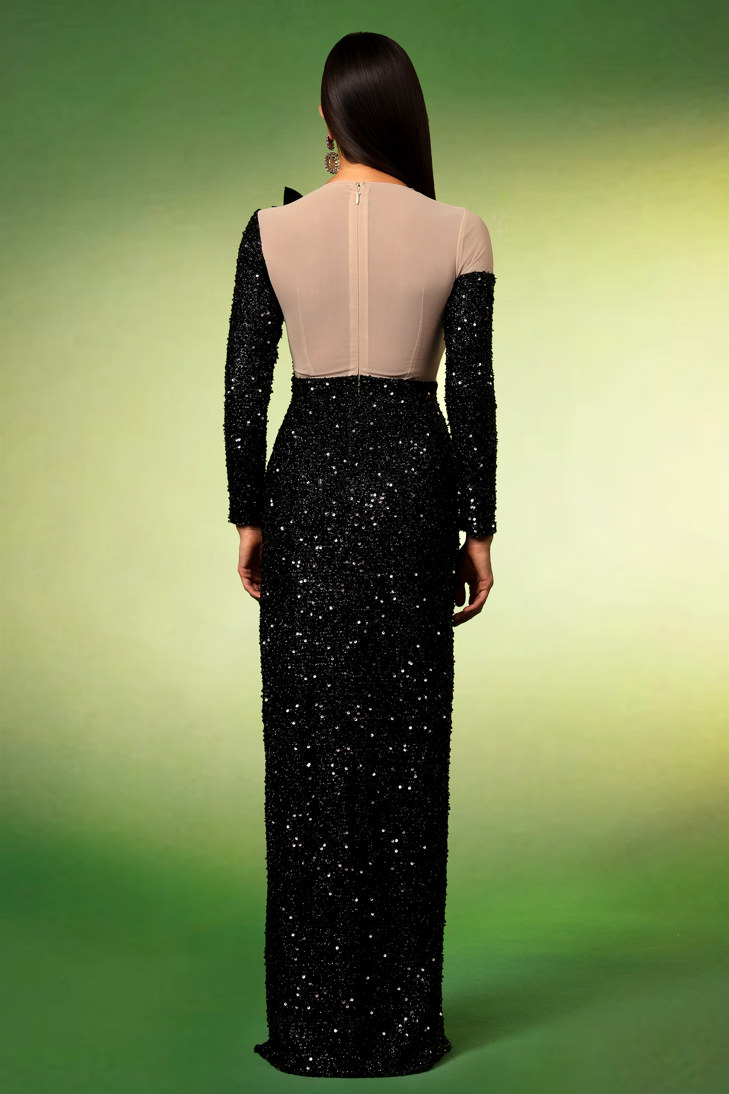 Pillose Long Sleeves Flowers Sequins Slit Maxi Dress