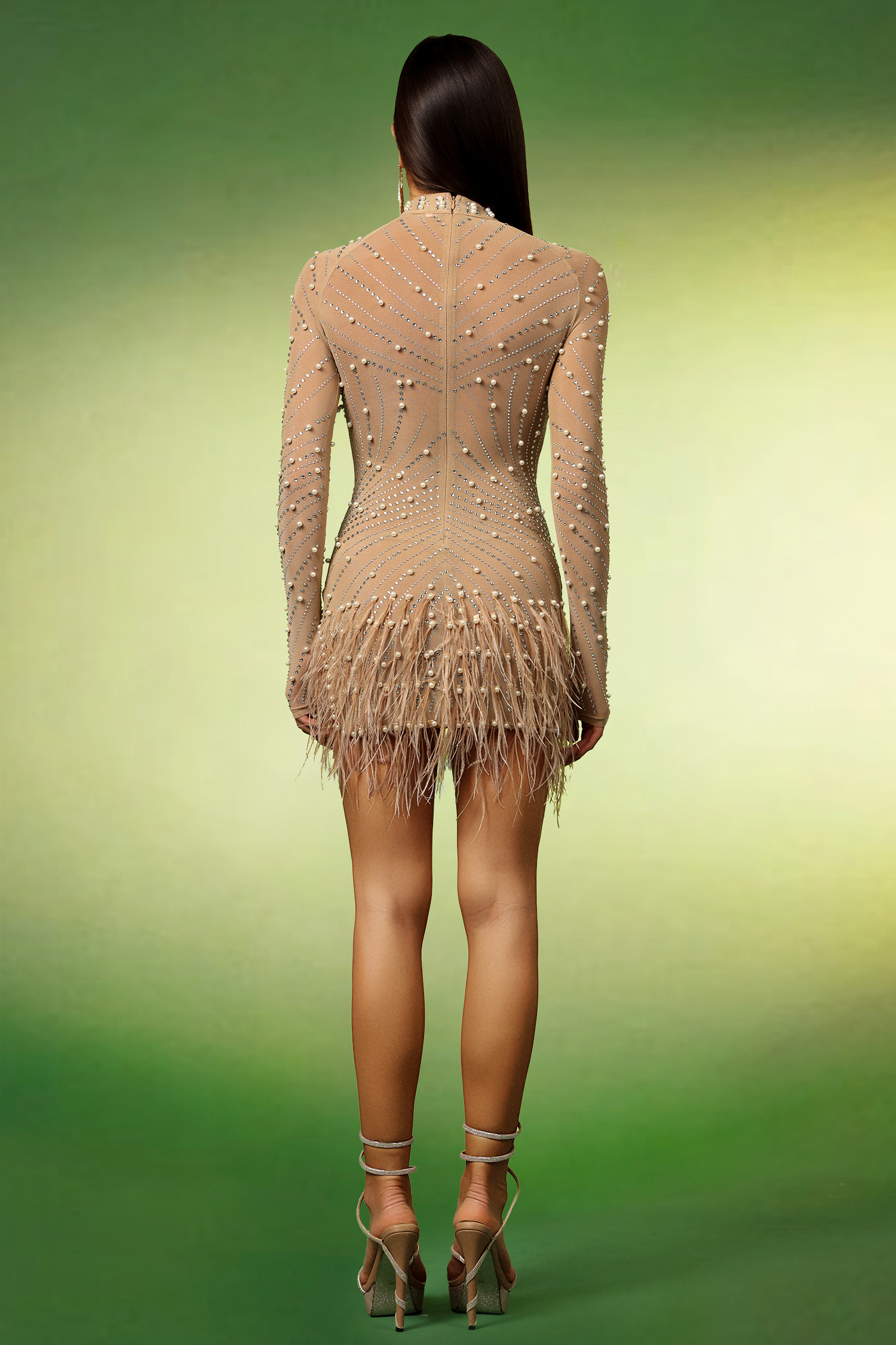 Falzer Long Sleeves Tassels Pearl Diamond Mini Dress