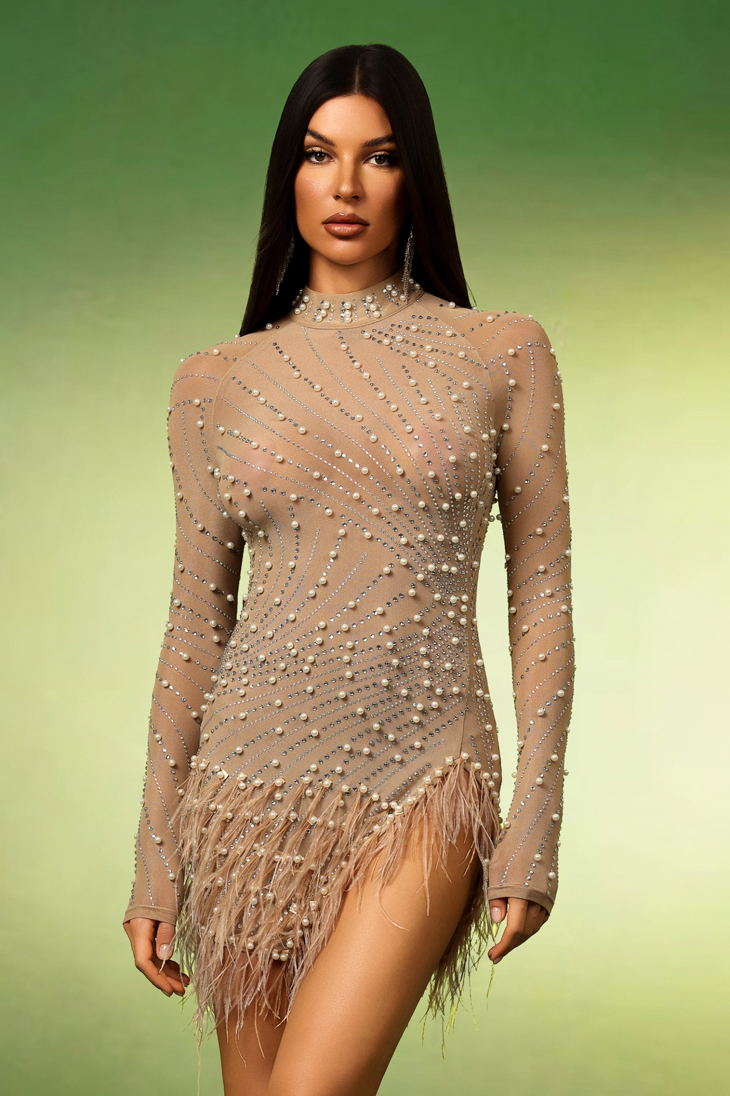 Falzer Long Sleeves Tassels Pearl Diamond Mini Dress