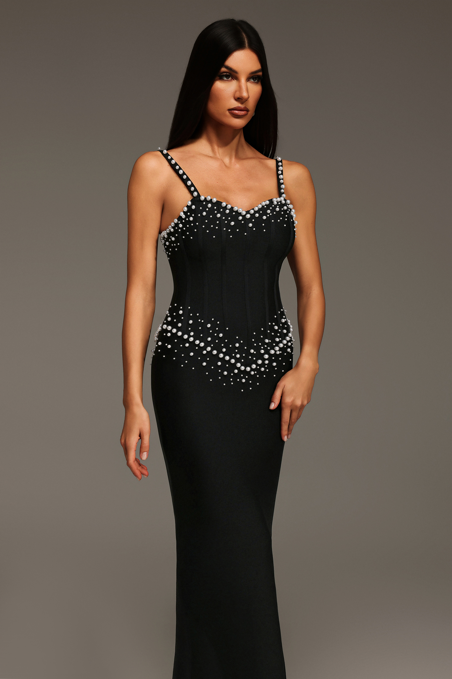 Myla Sleeveless V-Neck Diamond Pearl Bandage Maxi Dress – Bellabarnett