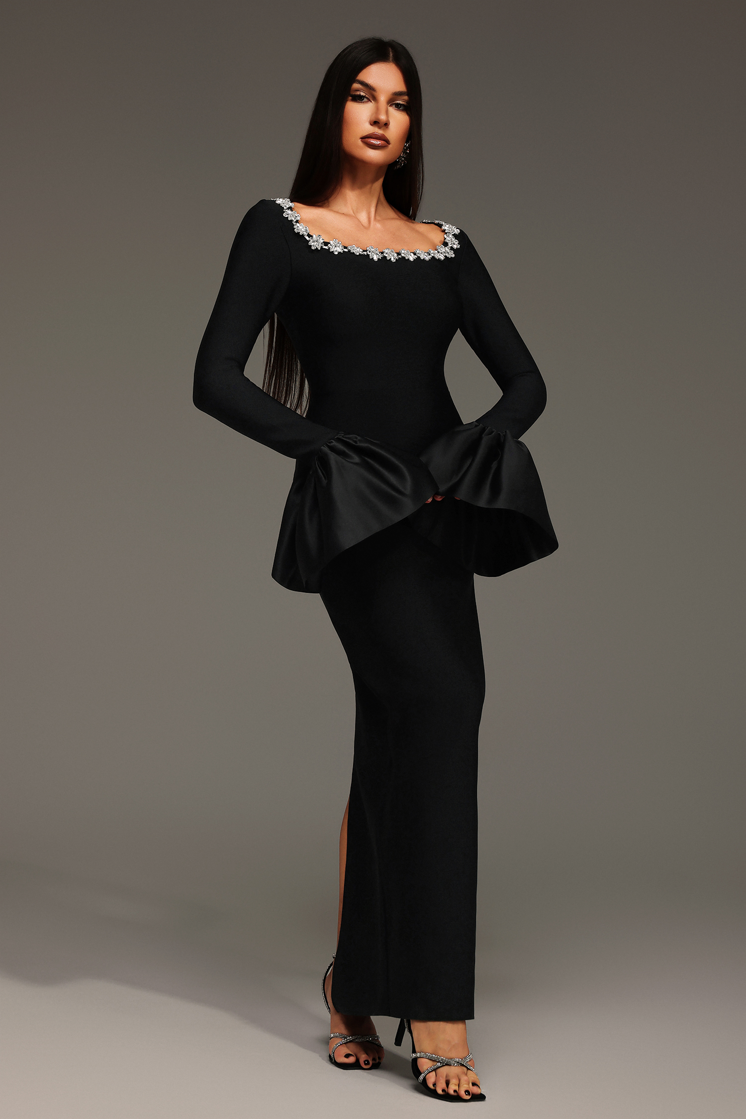 Rury Trumpet Sleeve Diamond Bandage Maxi Dress