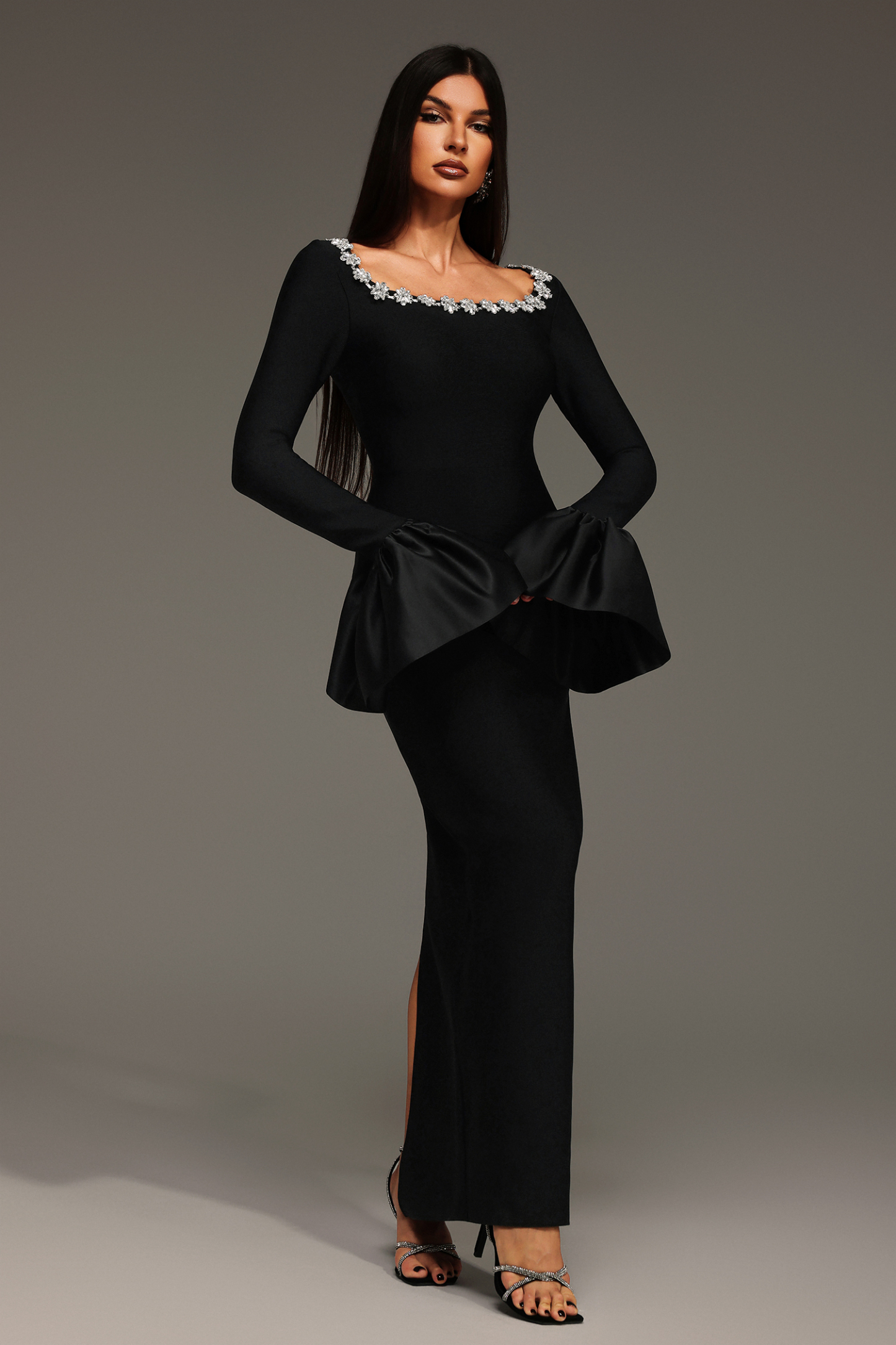 Rury Trumpet Sleeve Diamond Bandage Maxi Dress