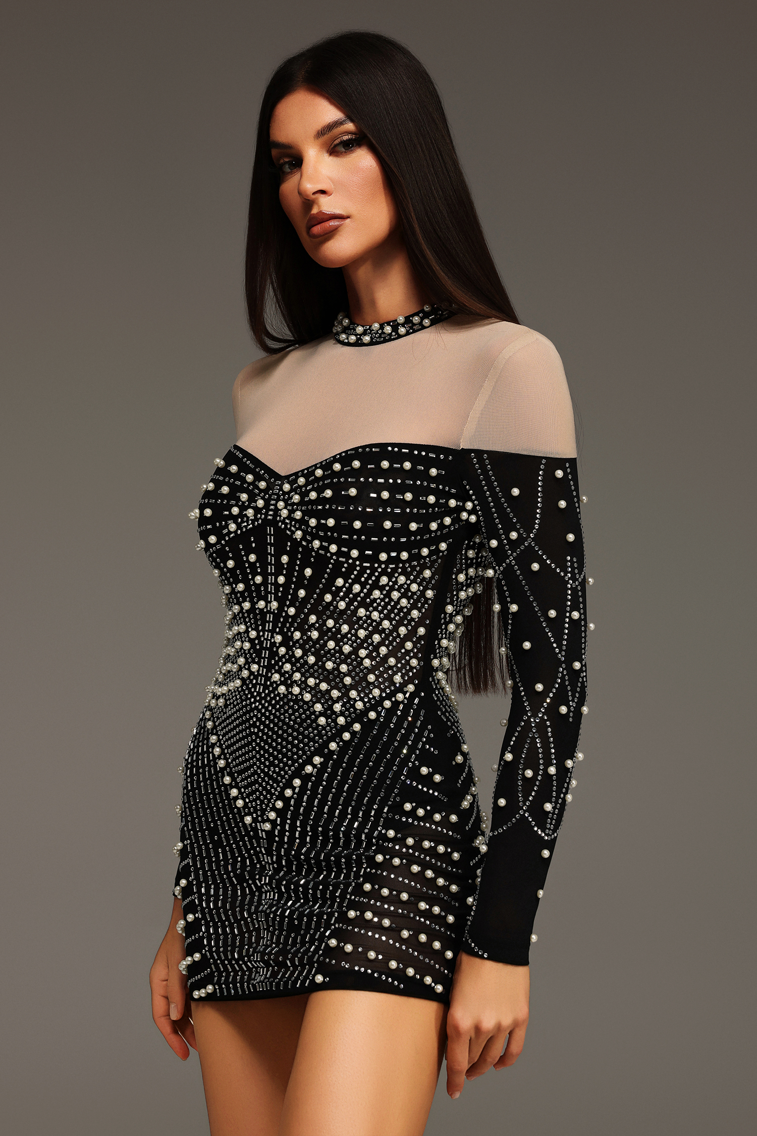 Zavan Long Sleeves Diamond Pearl Mini Dress