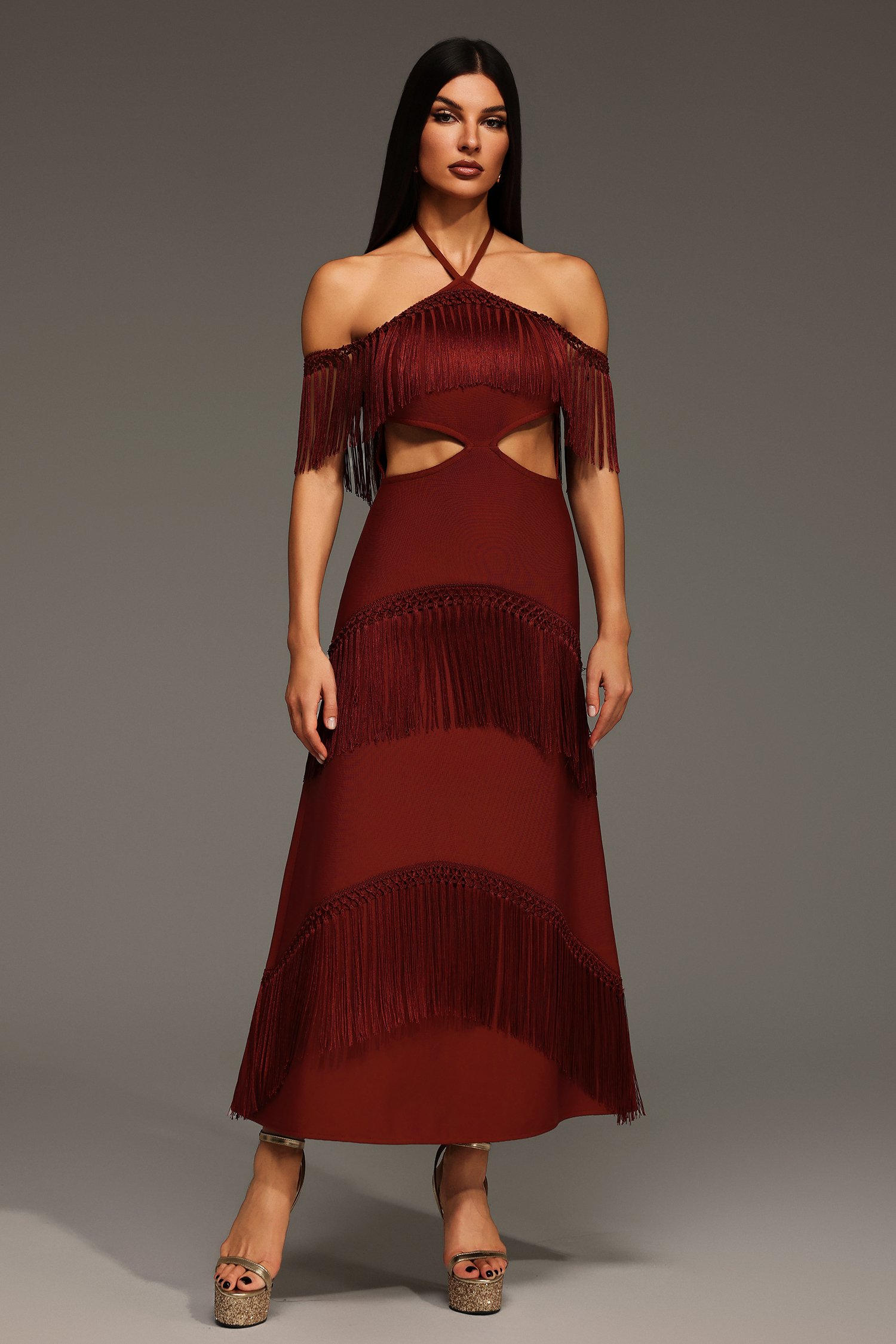 Kash Sleeveless Halter Tassels Bandage Maxi Dress