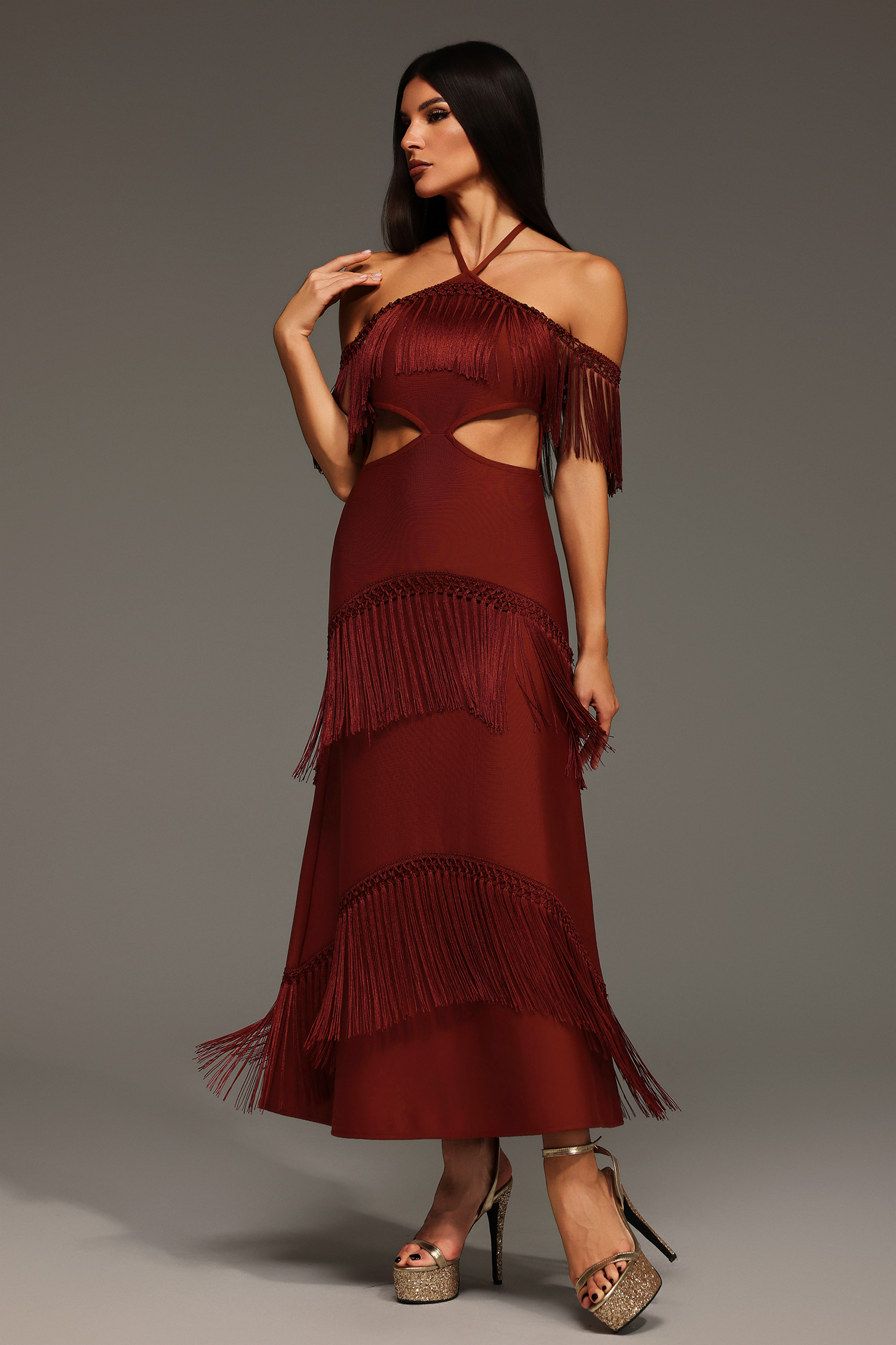 Kash Sleeveless Halter Tassels Bandage Maxi Dress