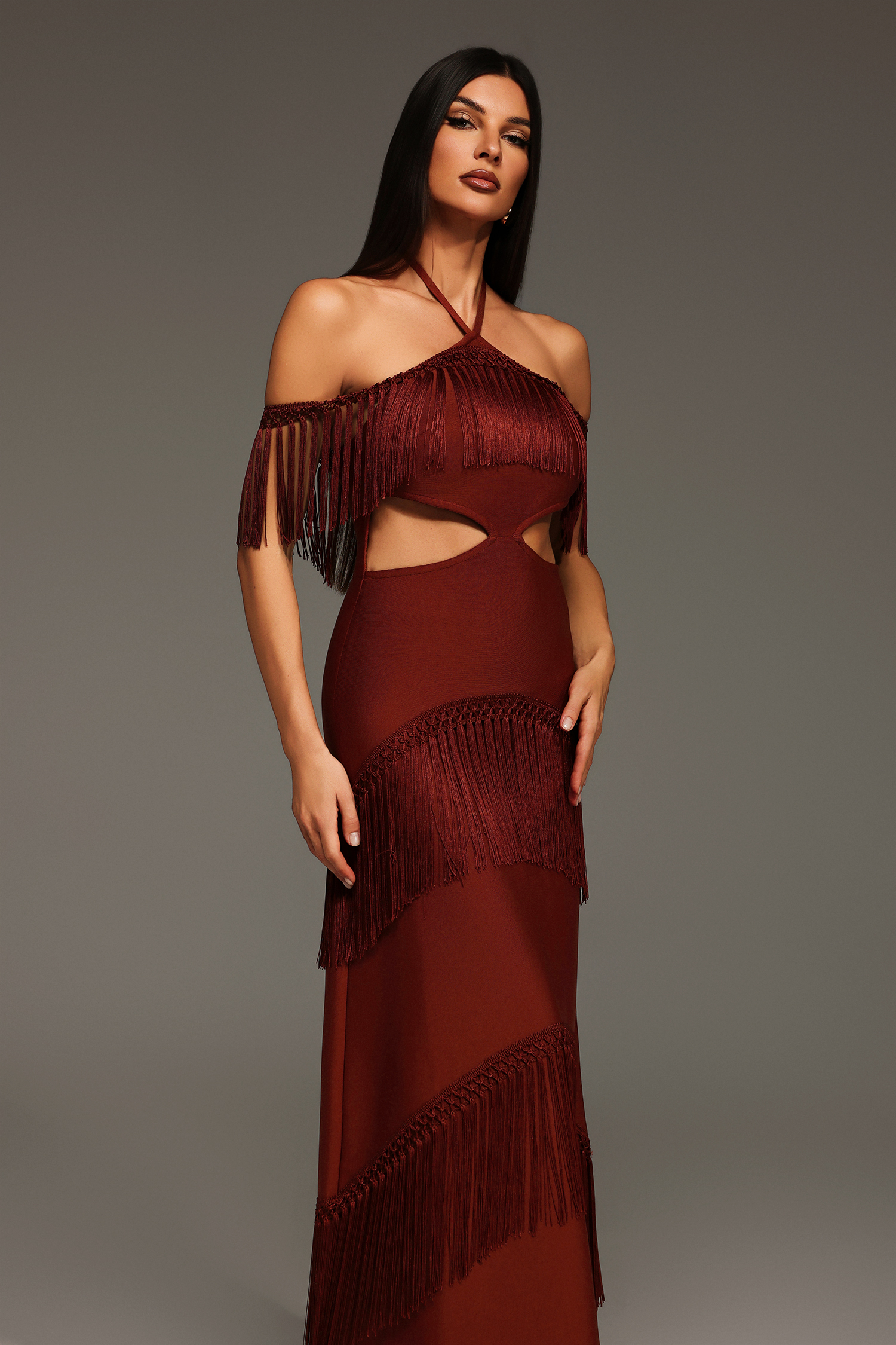 Kash Sleeveless Halter Tassels Bandage Maxi Dress