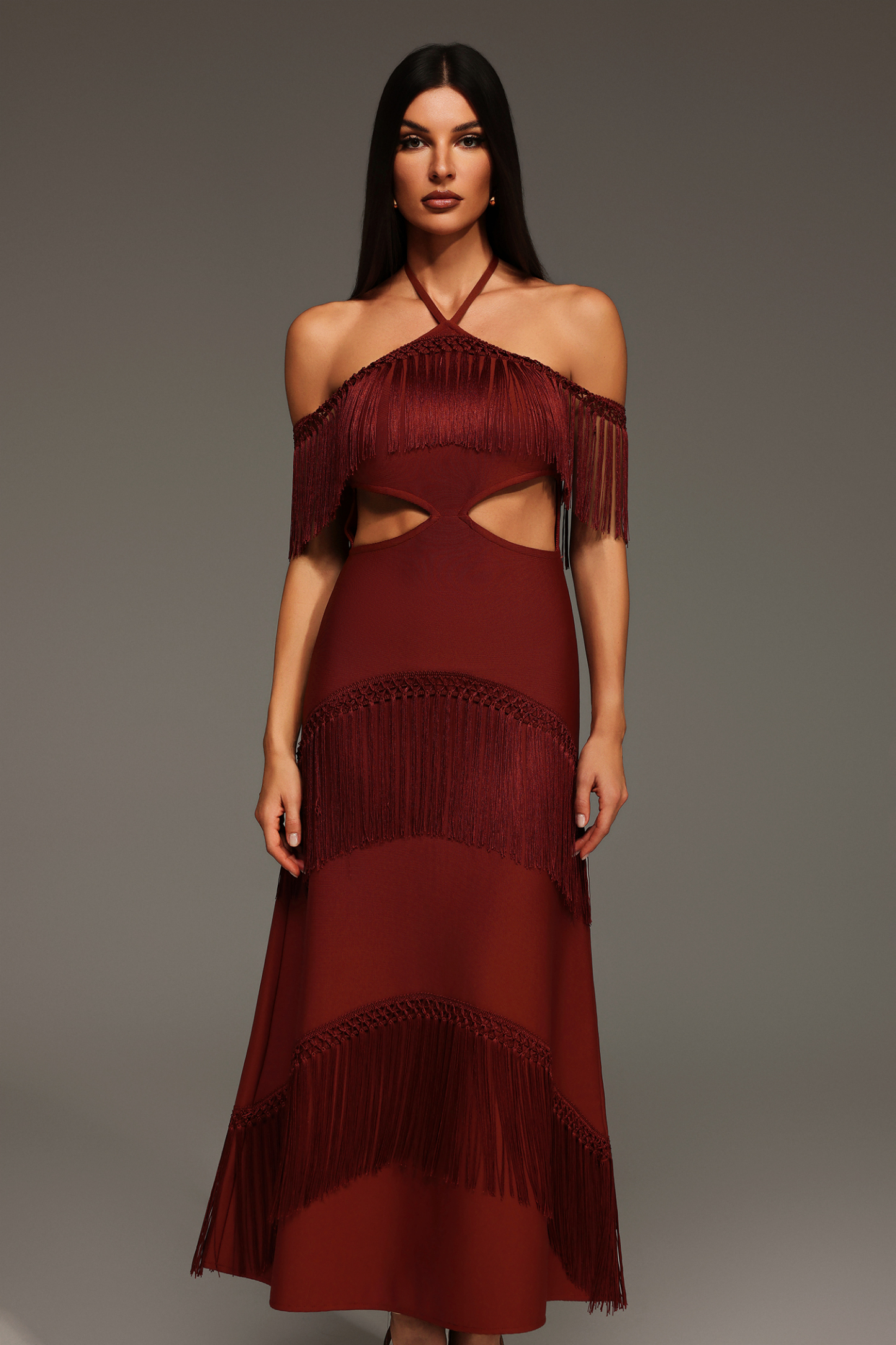 Kash Sleeveless Halter Tassels Bandage Maxi Dress
