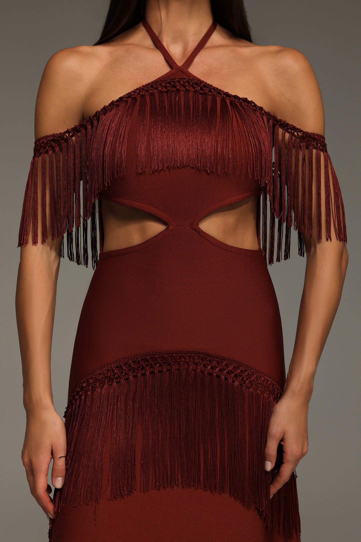 Kash Sleeveless Halter Tassels Bandage Maxi Dress
