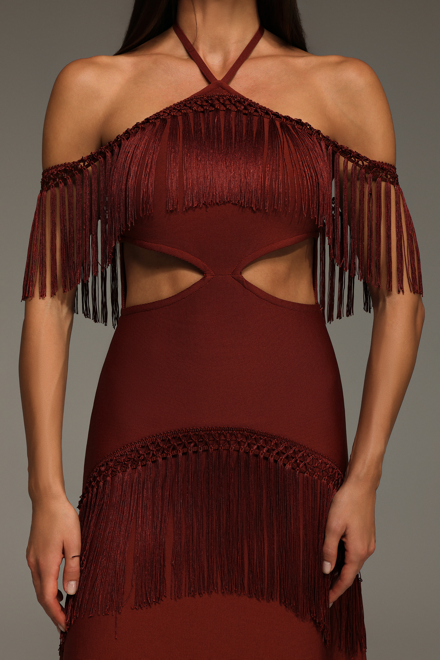 Kash Sleeveless Halter Tassels Bandage Maxi Dress