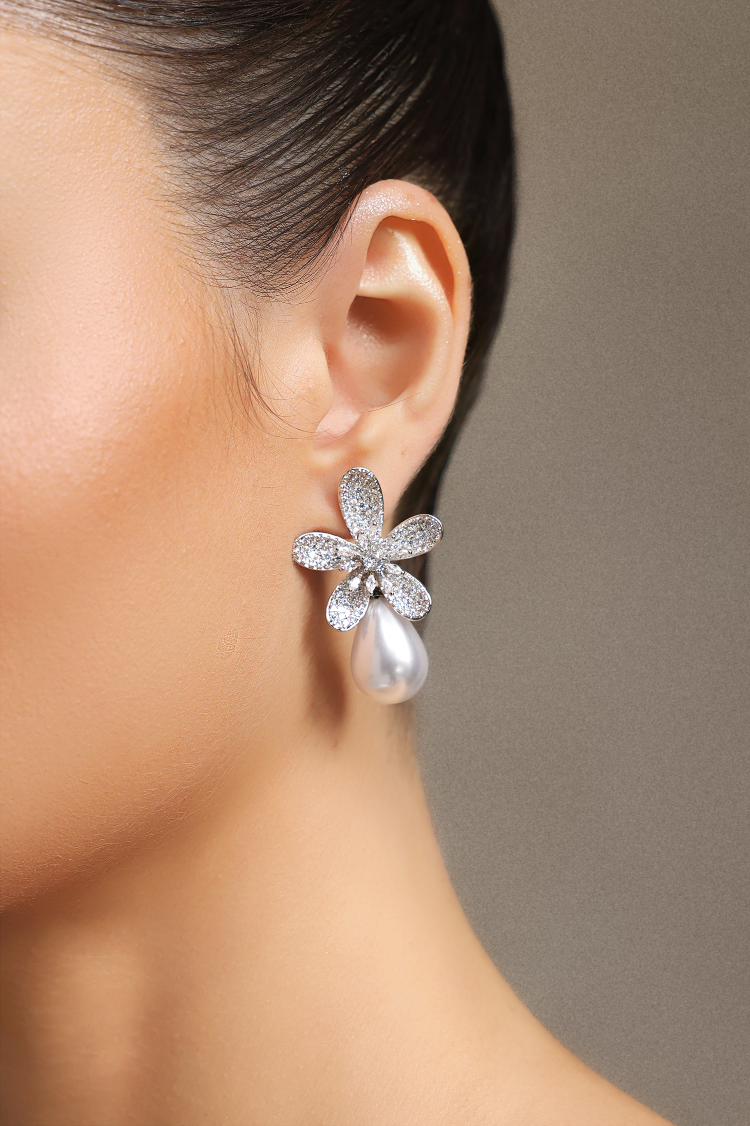 Forina Flower  Diamond Water Drop Pearl Earrings