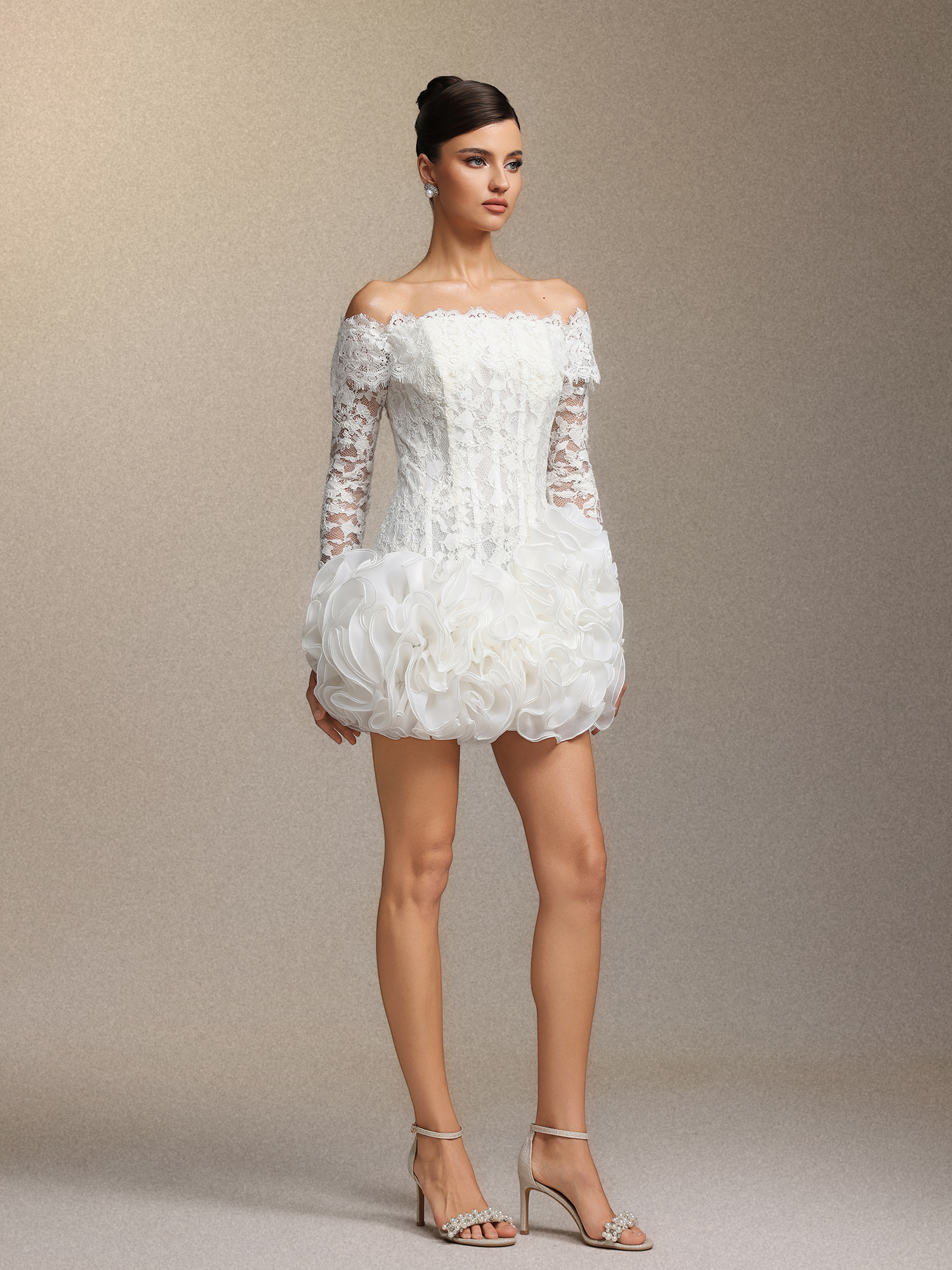 Nanon Lace fishbone stacked ruffled mini skirt