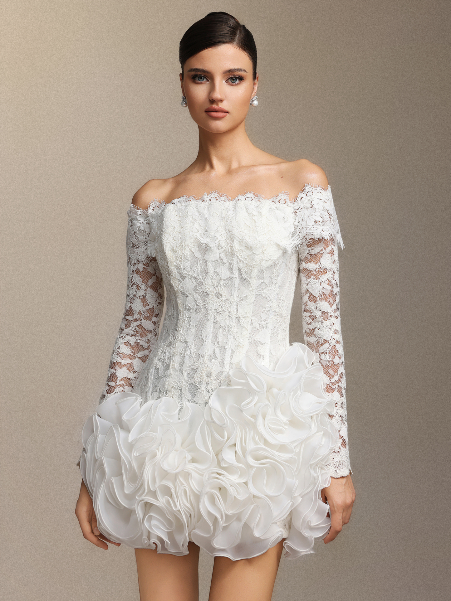 Nanon Lace fishbone stacked ruffled mini skirt