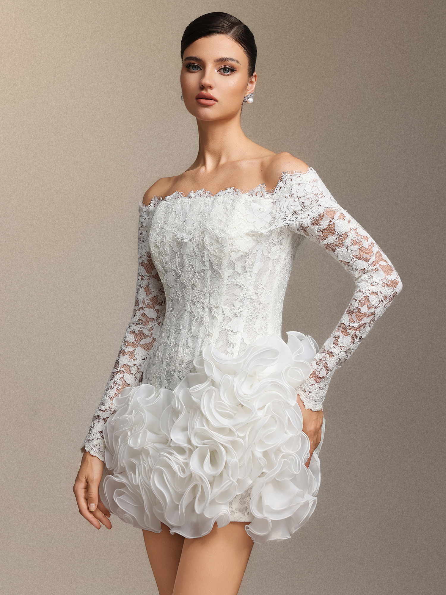 Nanon Lace fishbone stacked ruffled mini skirt