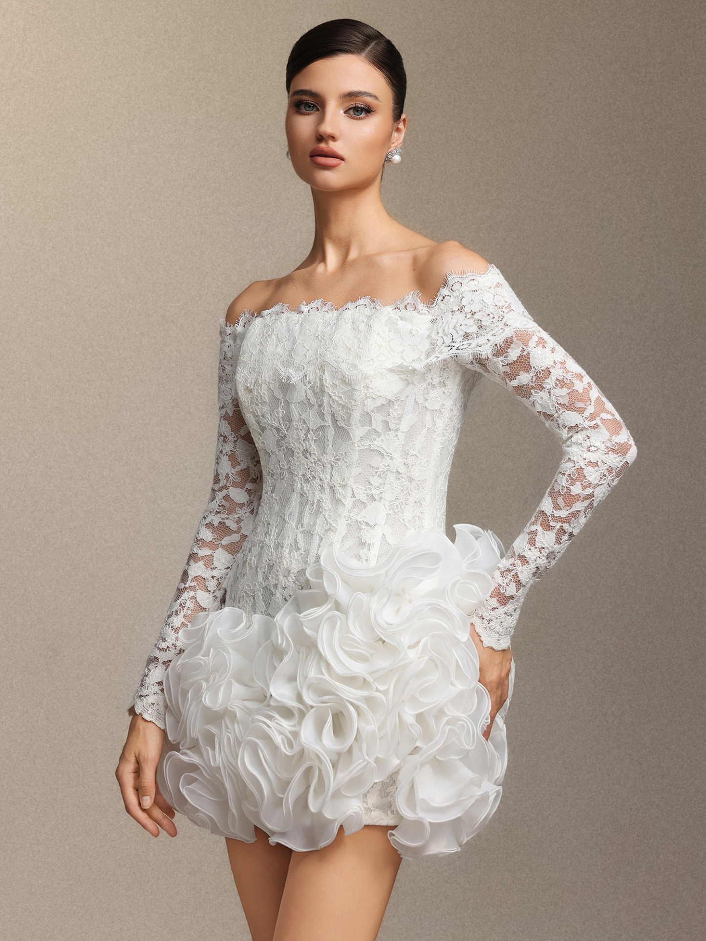 Nanon Lace fishbone stacked ruffled mini skirt