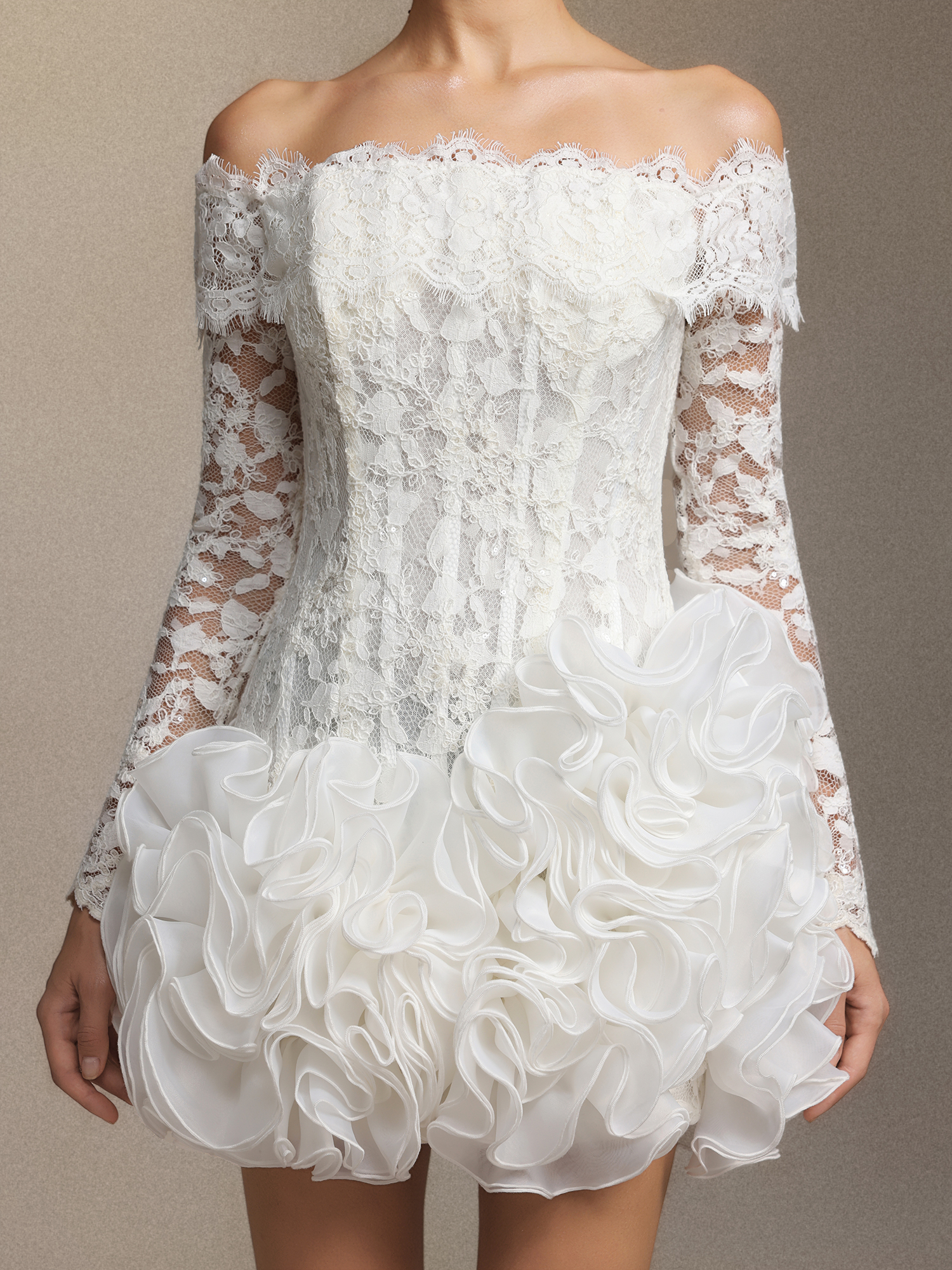 Nanon Lace fishbone stacked ruffled mini skirt