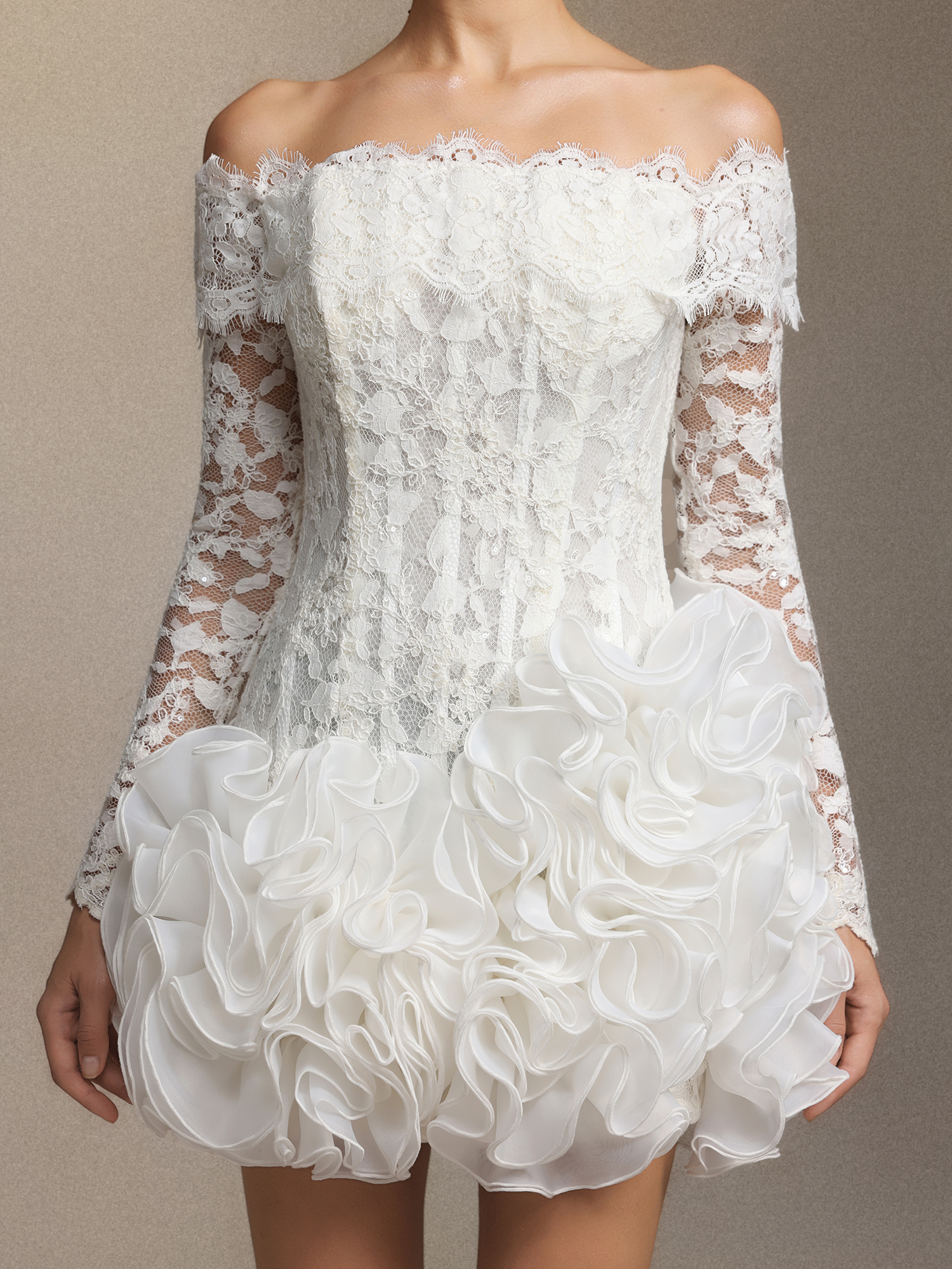 Nanon Lace fishbone stacked ruffled mini skirt