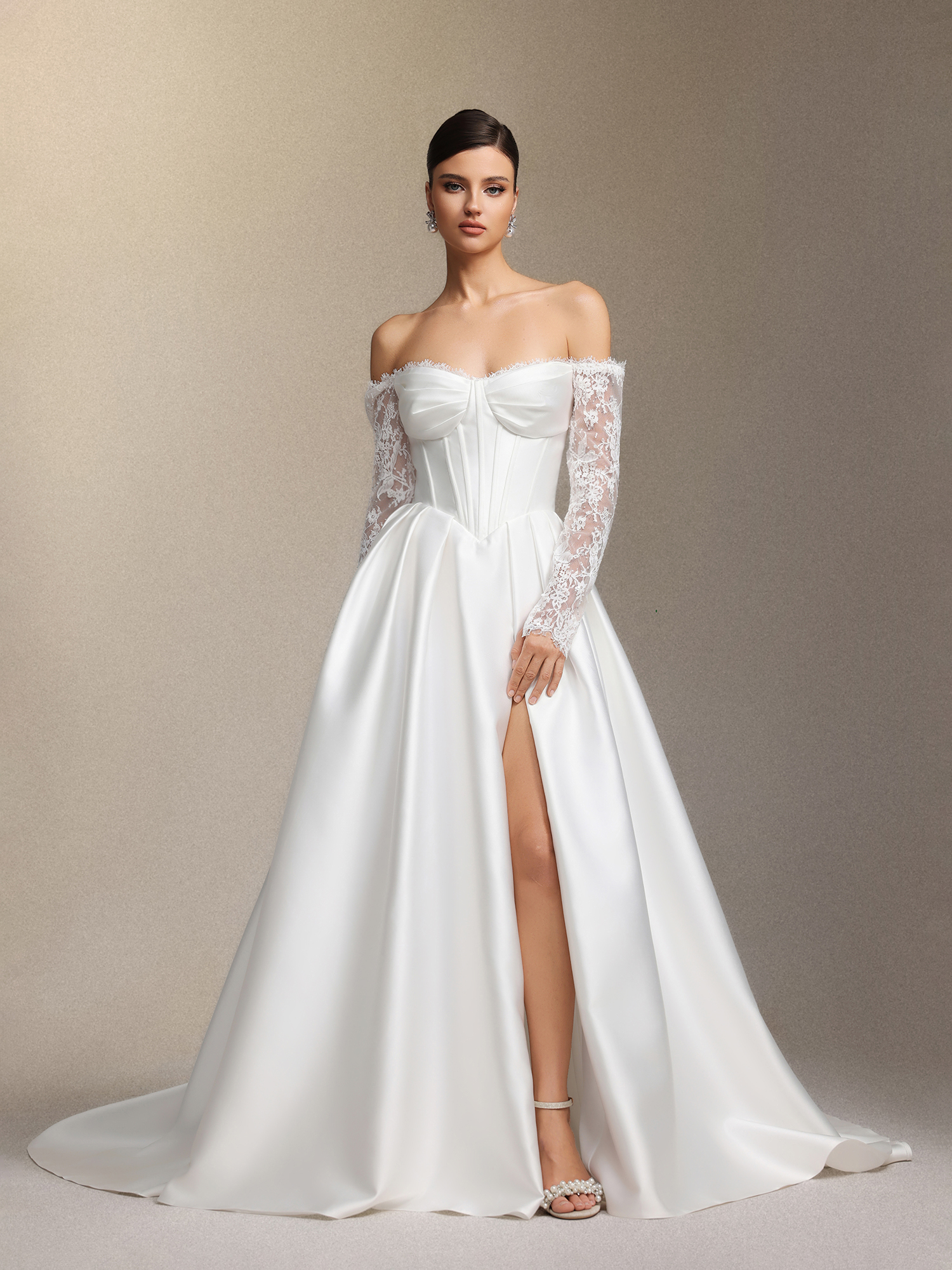 Makani Strapless lace sleeved fishbone maxi wedding dress