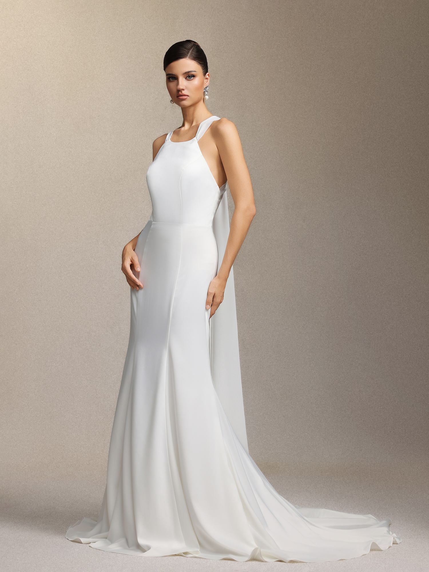 Lilac deep V-neck lace tulle maxi wedding dress