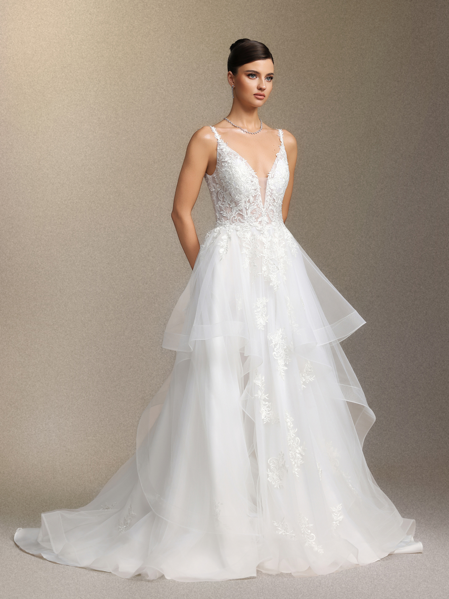 Fanya Deep V-neck lace long wedding dress