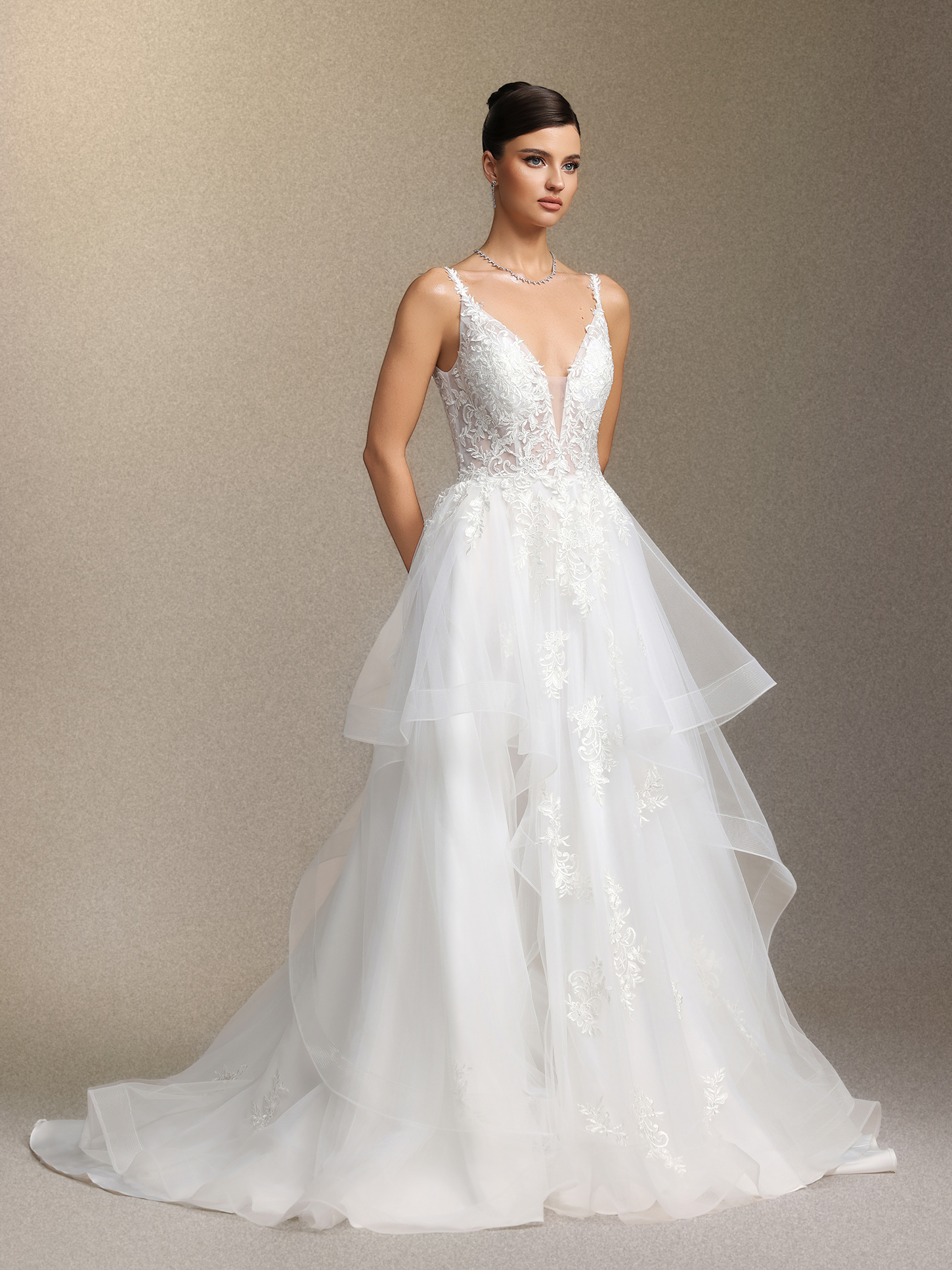 Fanya Deep V-neck lace long wedding dress