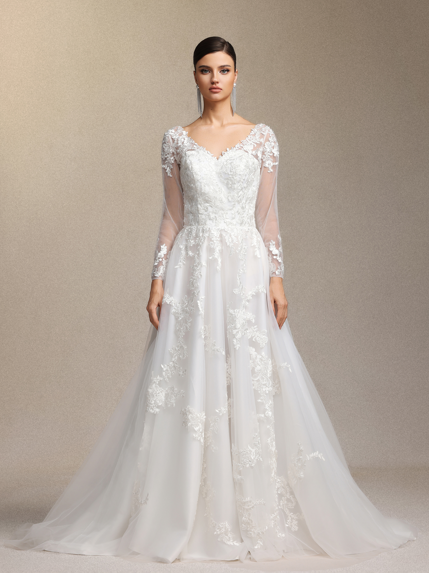 Dolcie V-neck lace patchwork mesh fabric maxi wedding dress
