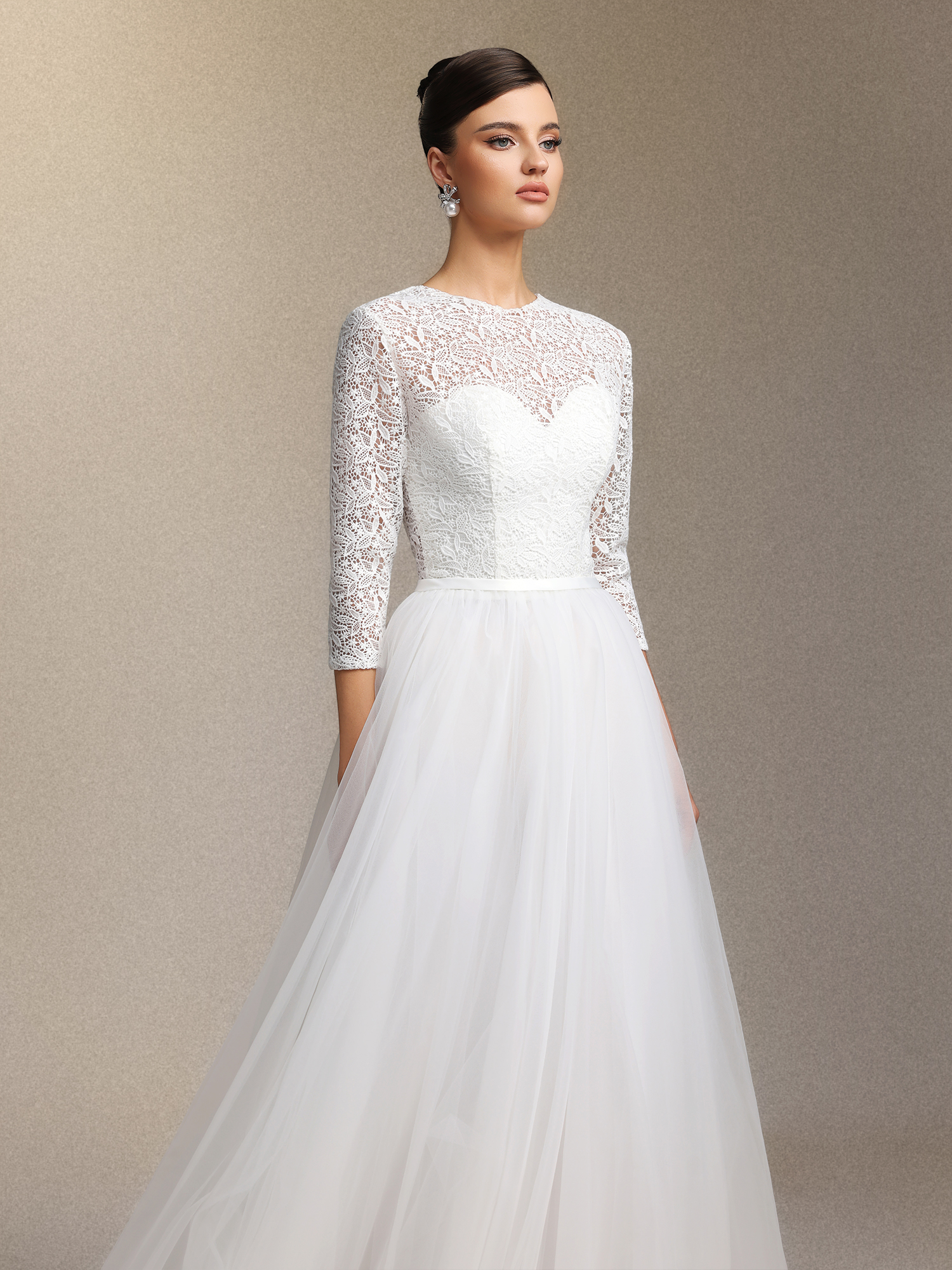 Lace tulle long-sleeved long-length wedding dress