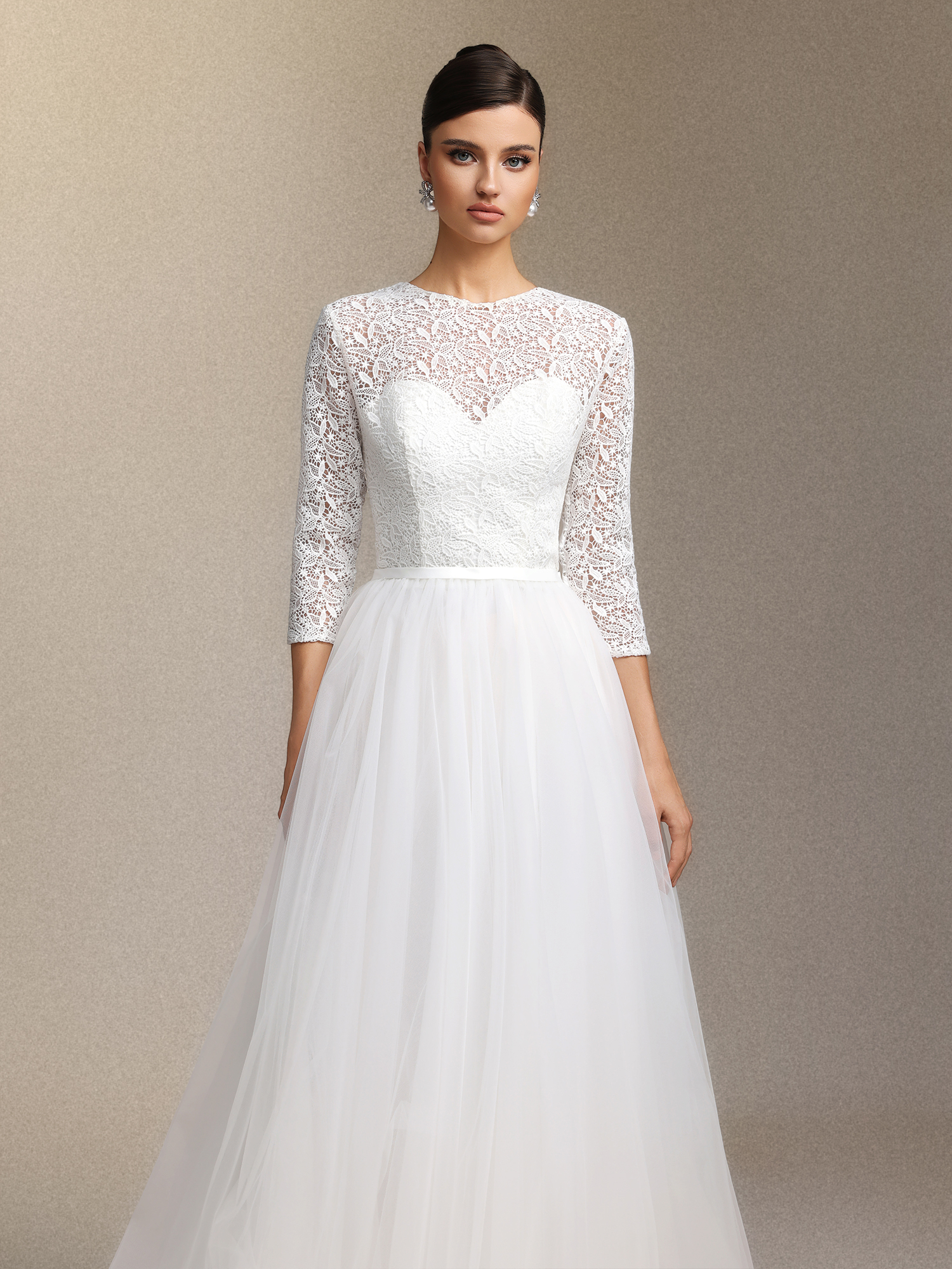 Lace tulle long-sleeved long-length wedding dress