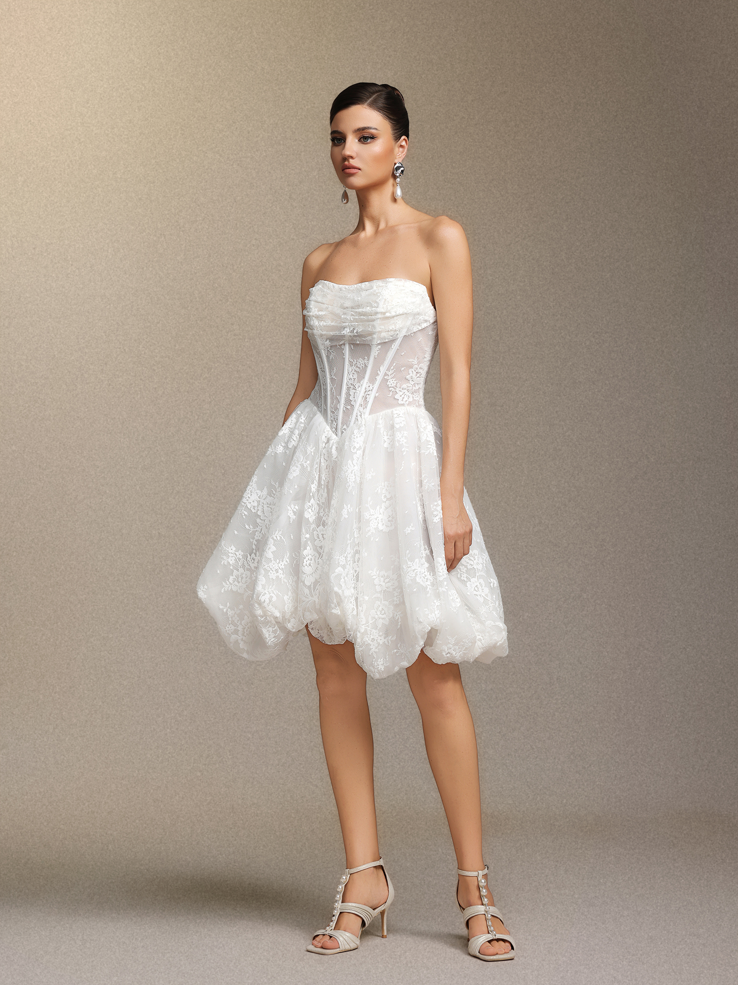 Derya Pleated lace strapless mini dress