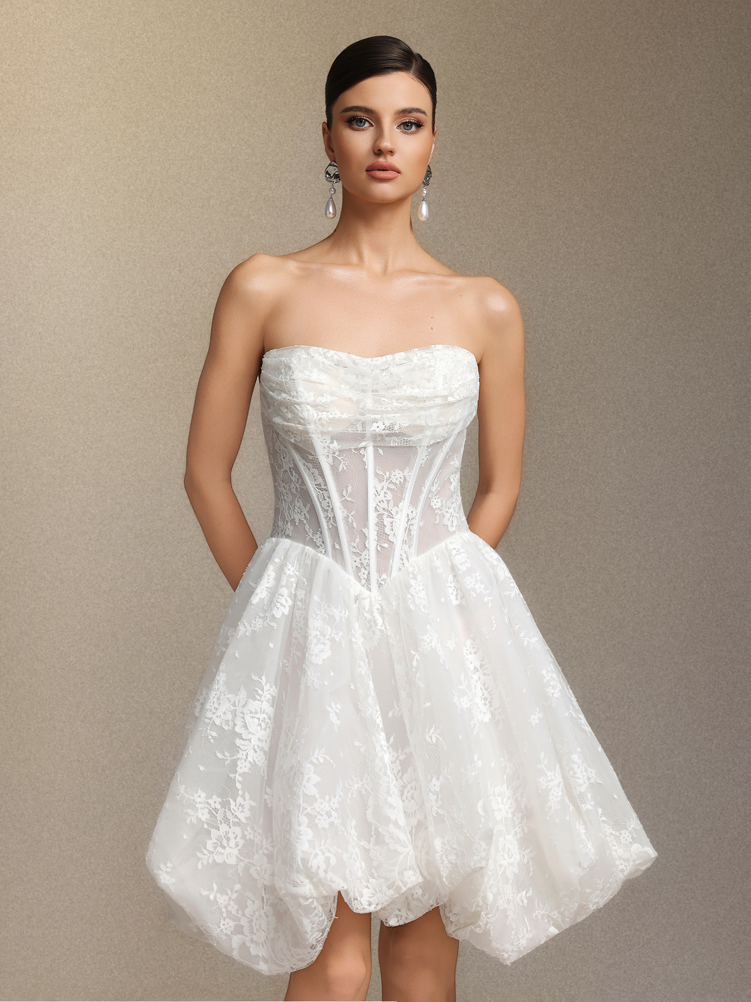 Derya Pleated lace strapless mini dress