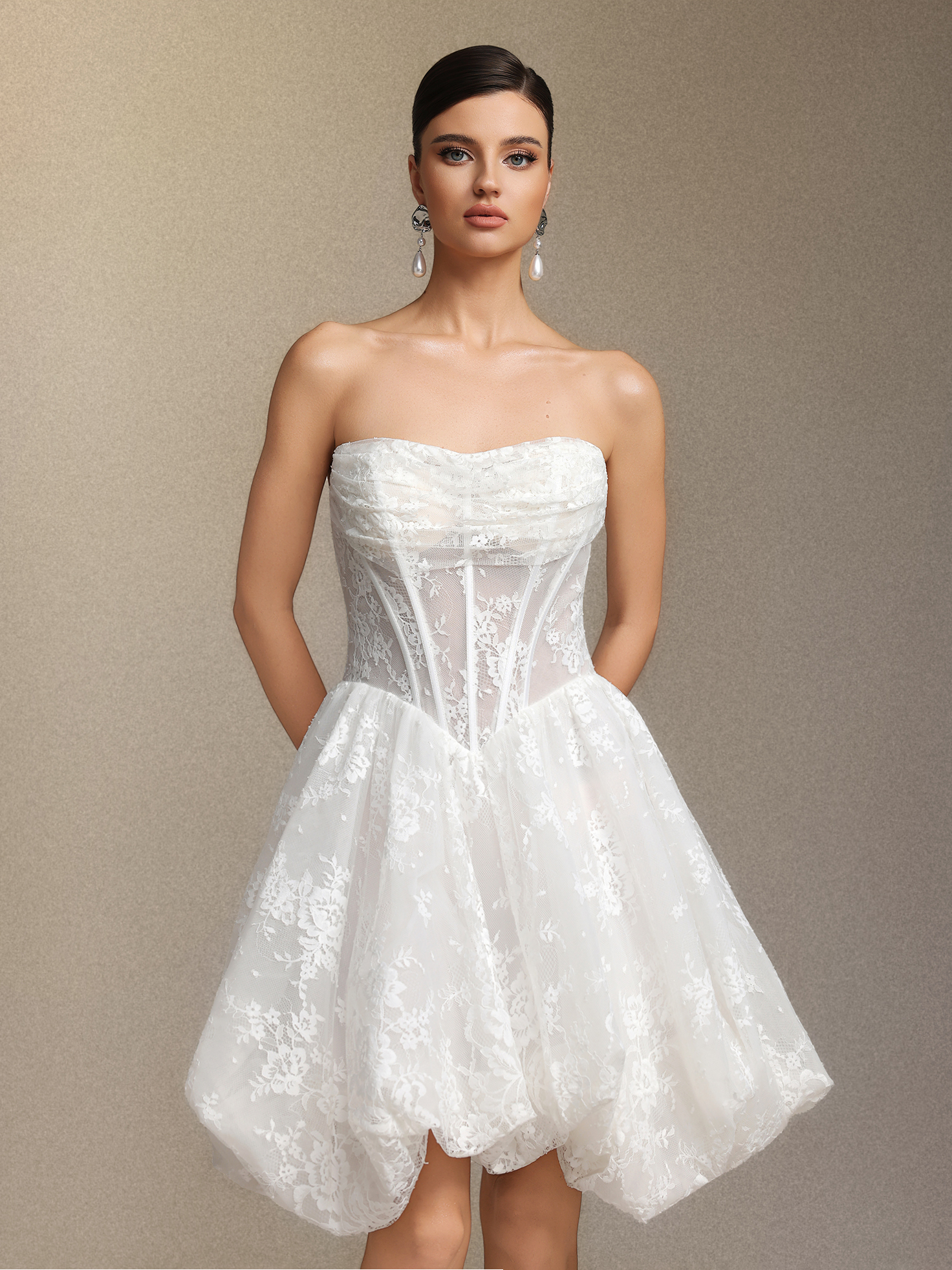 Derya Pleated lace strapless mini dress