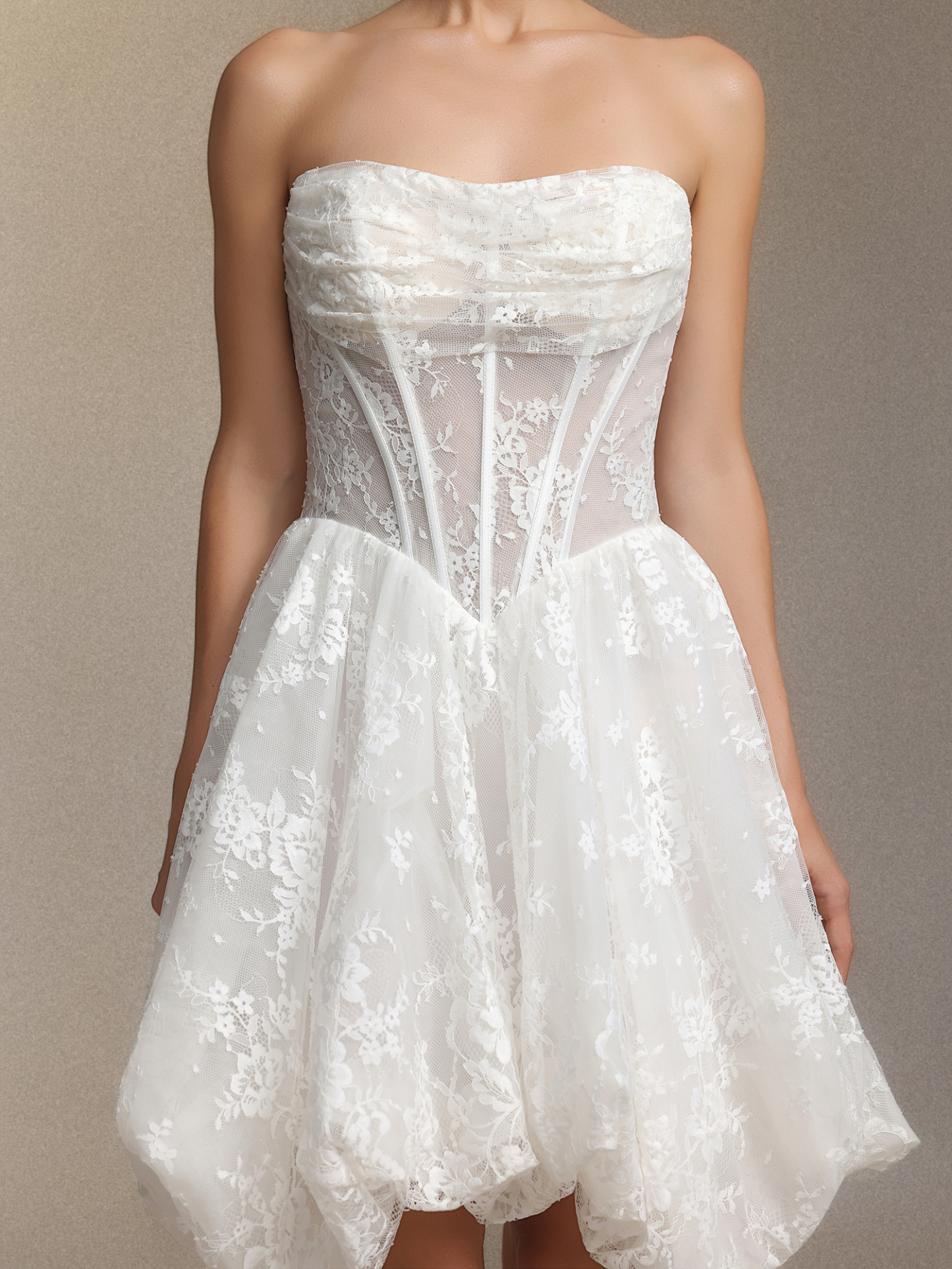 Derya Pleated lace strapless mini dress