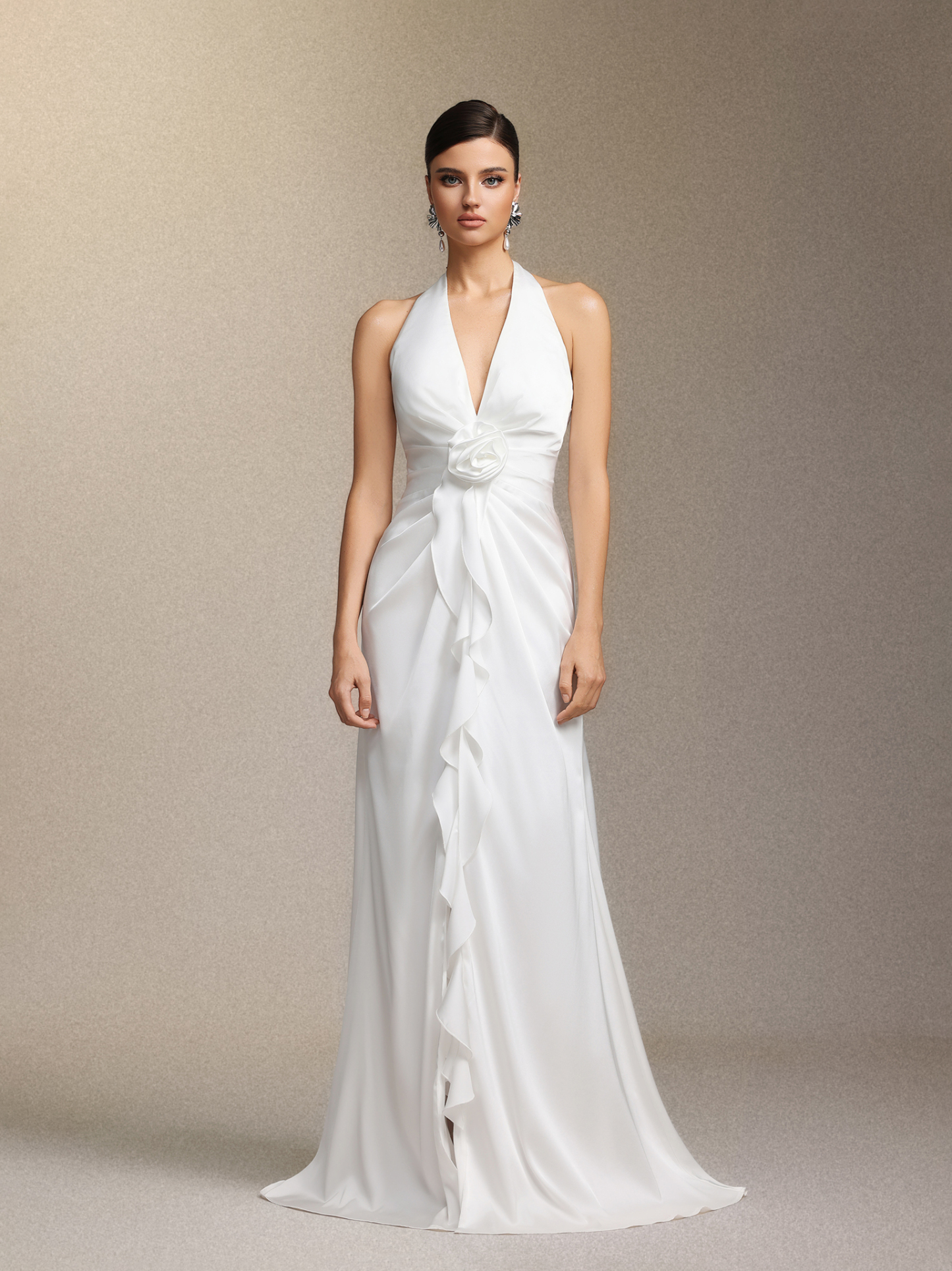 Salla Ruthie  Halter-neck three-dimensional flower ruffled cinched waist maxi dress