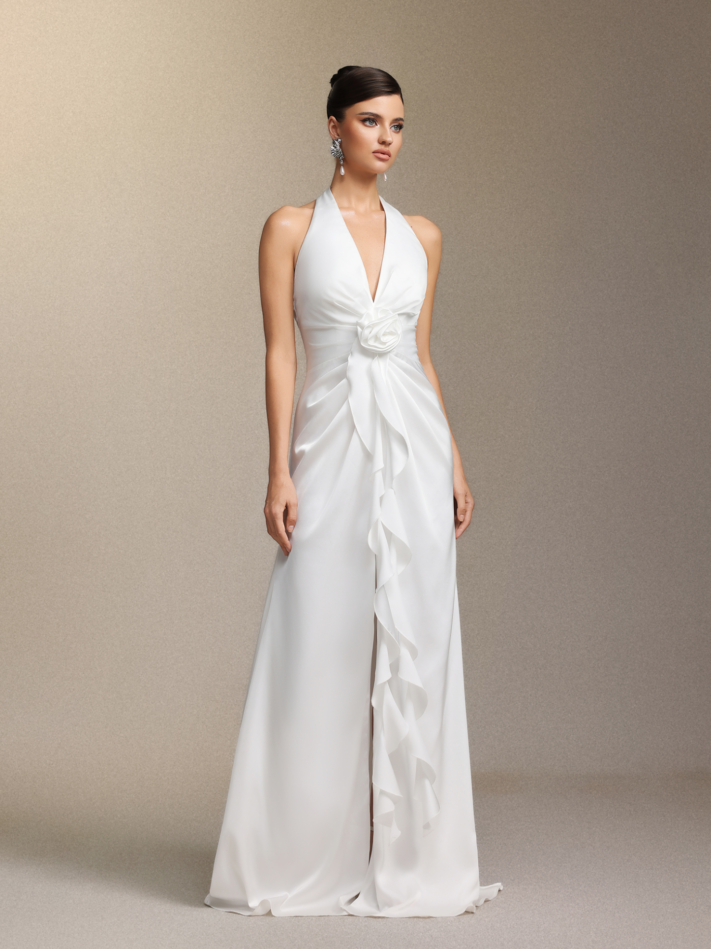 Salla Ruthie  Halter-neck three-dimensional flower ruffled cinched waist maxi dress