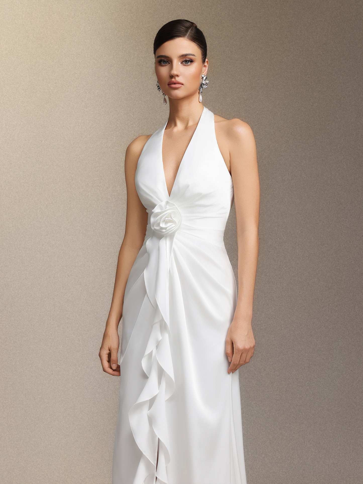 Salla Ruthie  Halter-neck three-dimensional flower ruffled cinched waist maxi dress