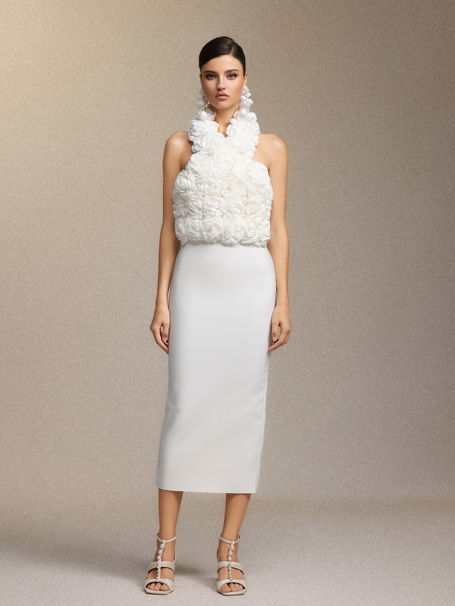 Ernie Sleeveless Halter Flowers Bandage Maxi Dress