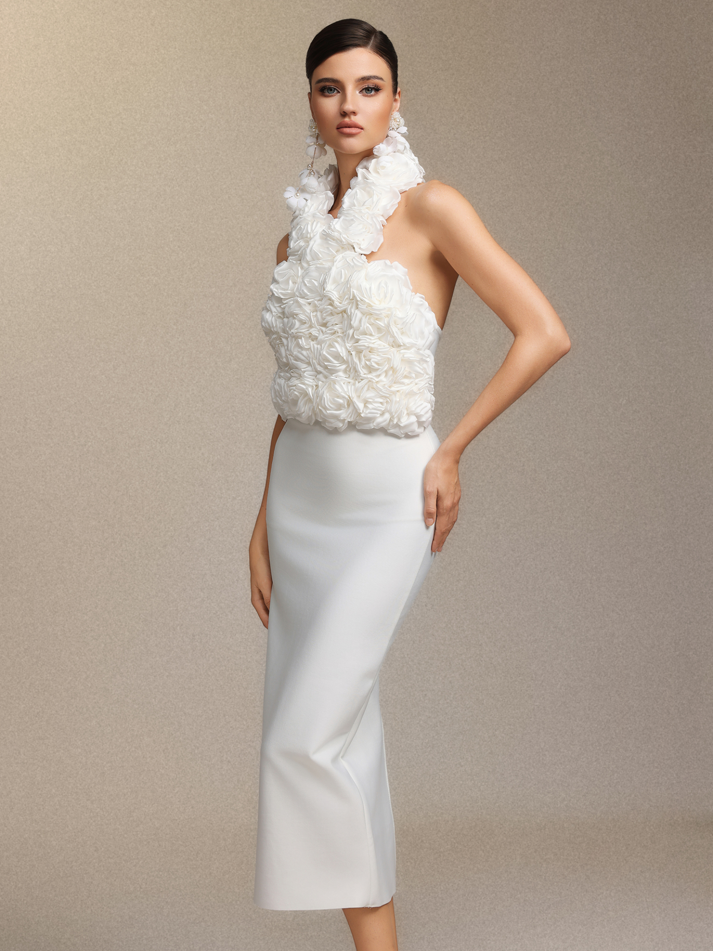 Ernie Sleeveless Halter Flowers Bandage Maxi Dress