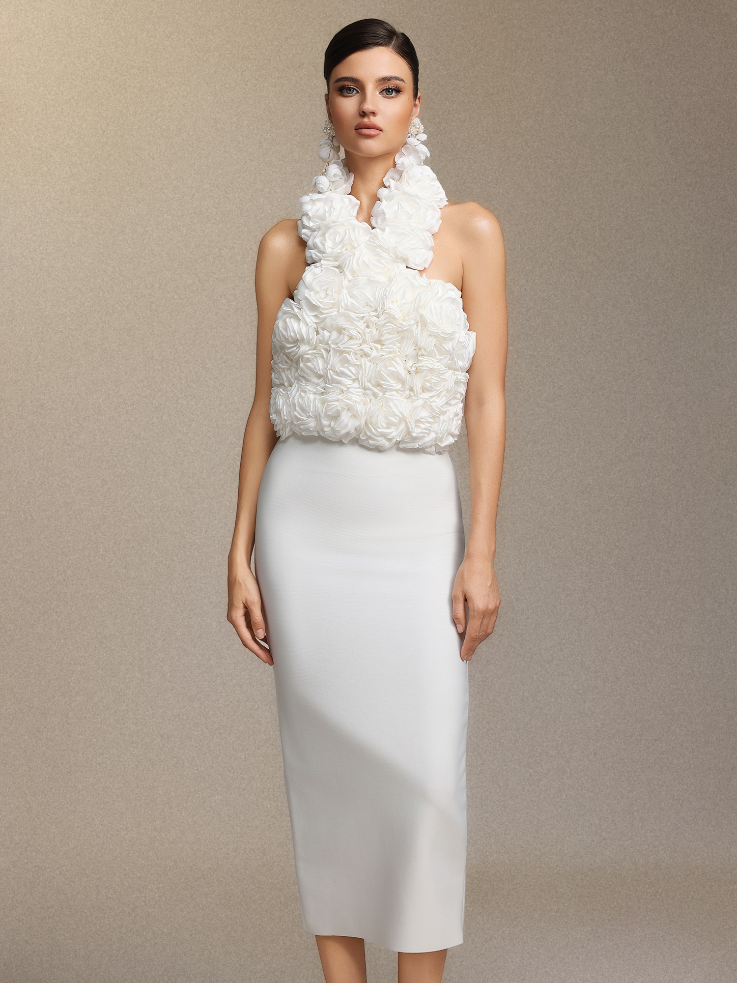 Ernie Sleeveless Halter Flowers Bandage Maxi Dress