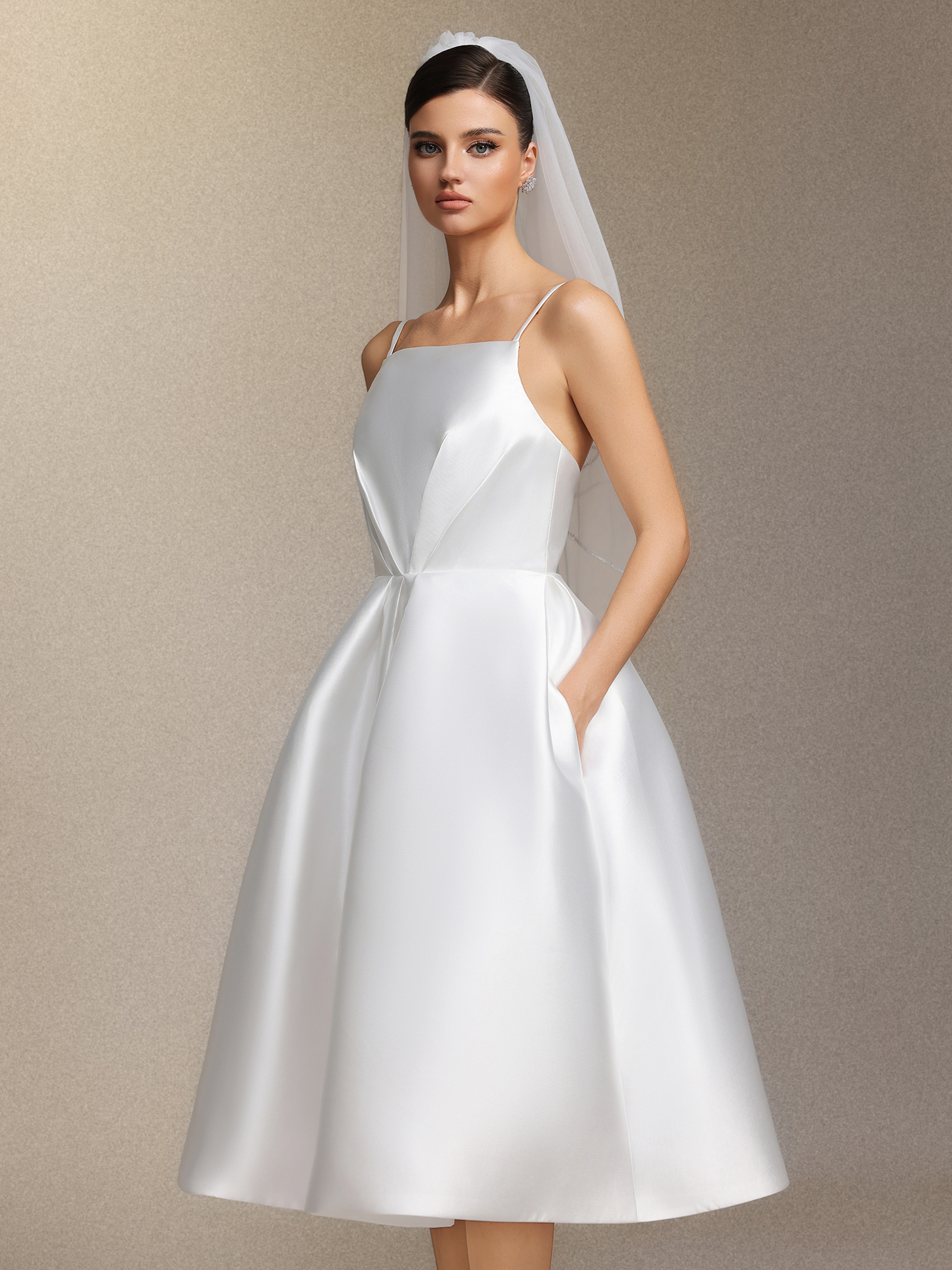 Joy Millipin，Halter top square collar mid-length style midi wedding dress