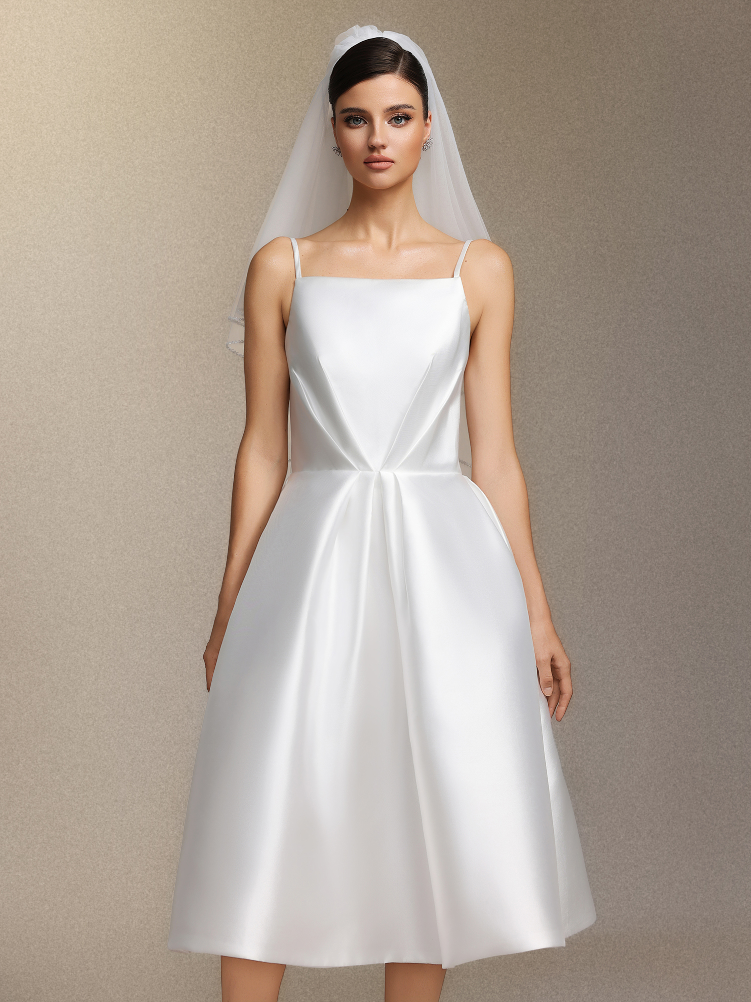 Joy Millipin，Halter top square collar mid-length style midi wedding dress