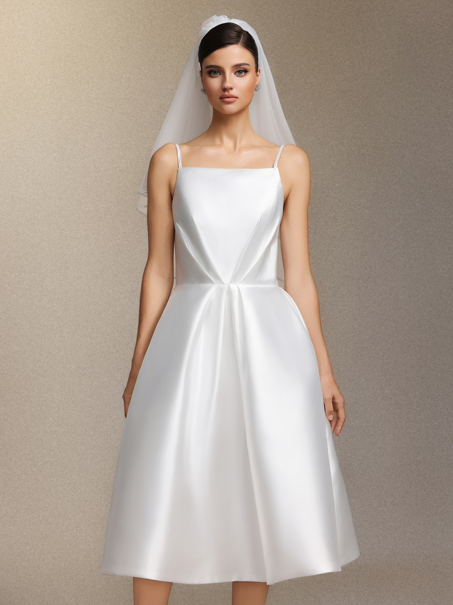 Joy Millipin，Halter top square collar mid-length style midi wedding dress