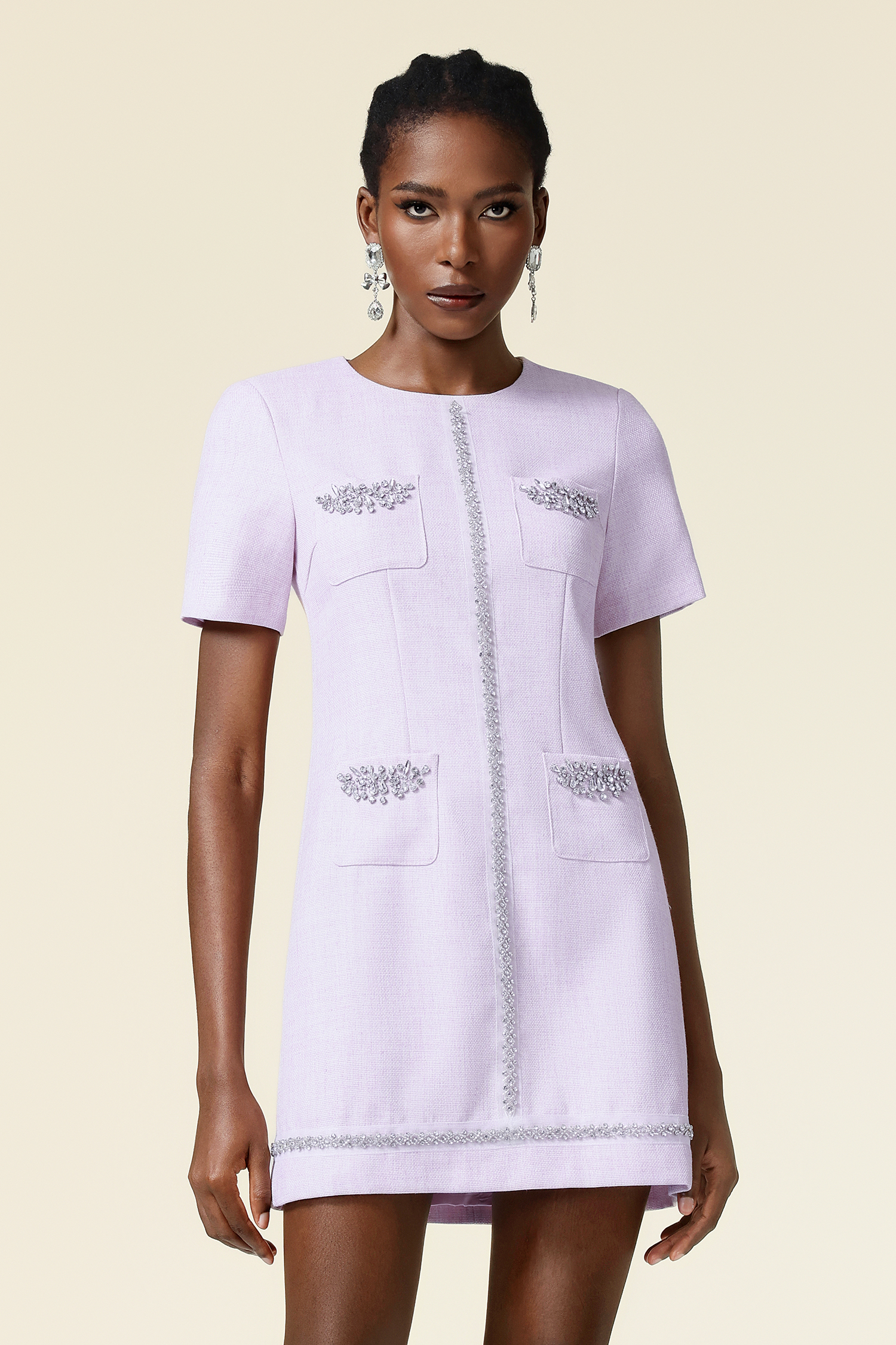 Horga Round Neck Short Sleeves Diamond Mini Dress