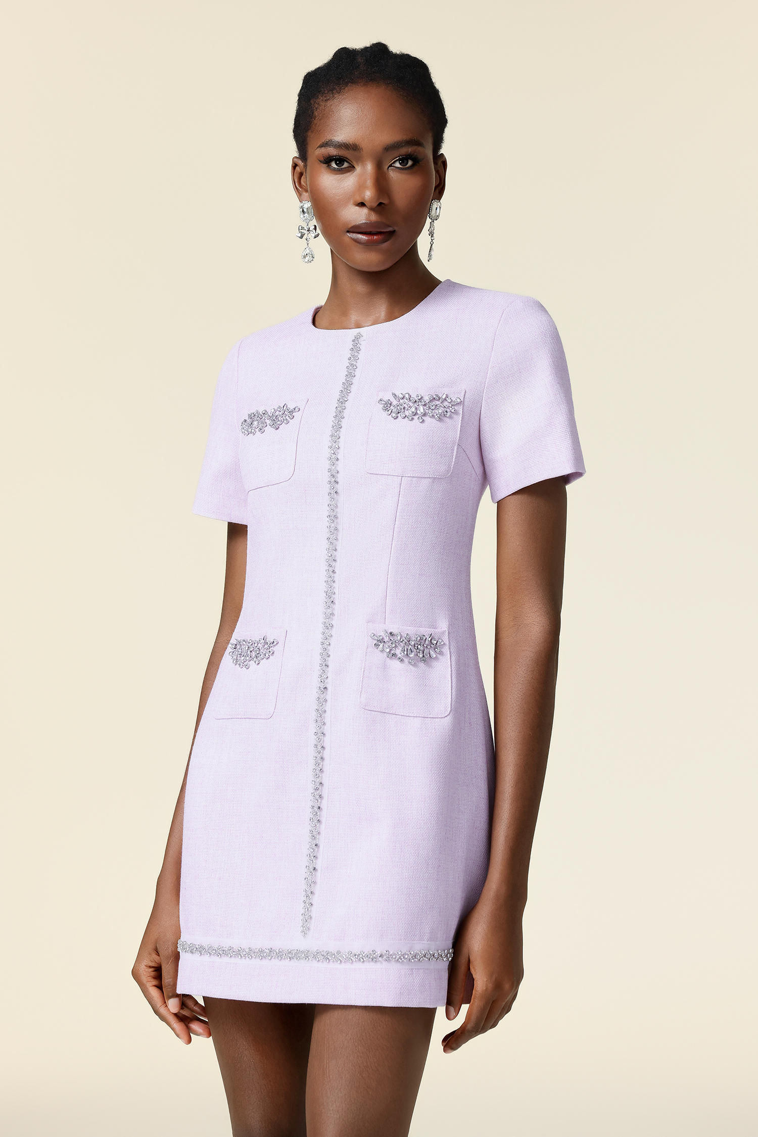 Horga Round Neck Short Sleeves Diamond Mini Dress