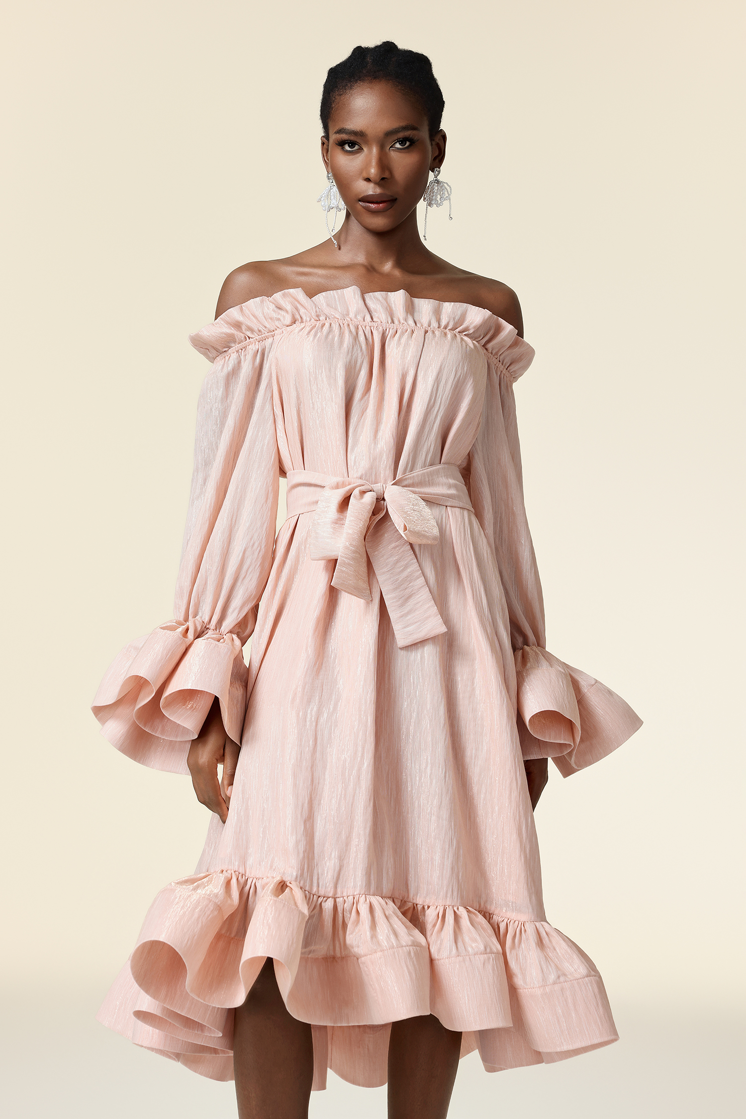 Yuco Off-The-Shoulder Long Sleeves Folds Midi Dress